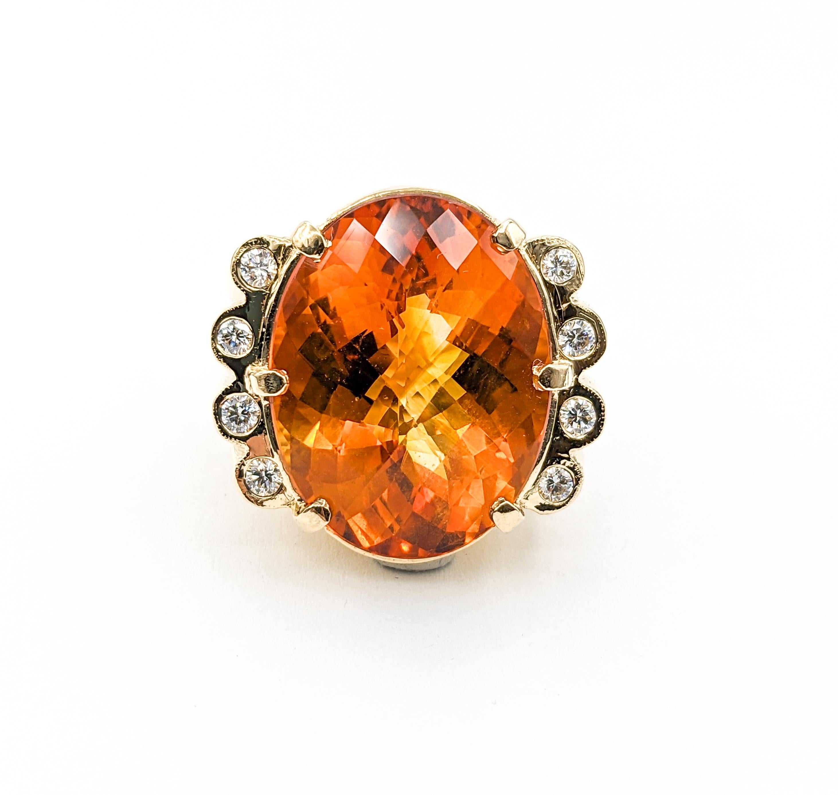 30ct Citrine & Diamond Ring In Yellow Gold

Introducing this substantial natural Citrine ring, beautifully crafted in 14k yellow gold. This ring features a center piece of 22x17.5mm (30ct) Citrine, glowing with a golden amber hue, adds a touch of