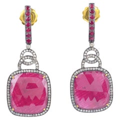 30ct Cushion Shaped Ruby Dangle Earrings With Diamonds Made In 18k Gold & Silver