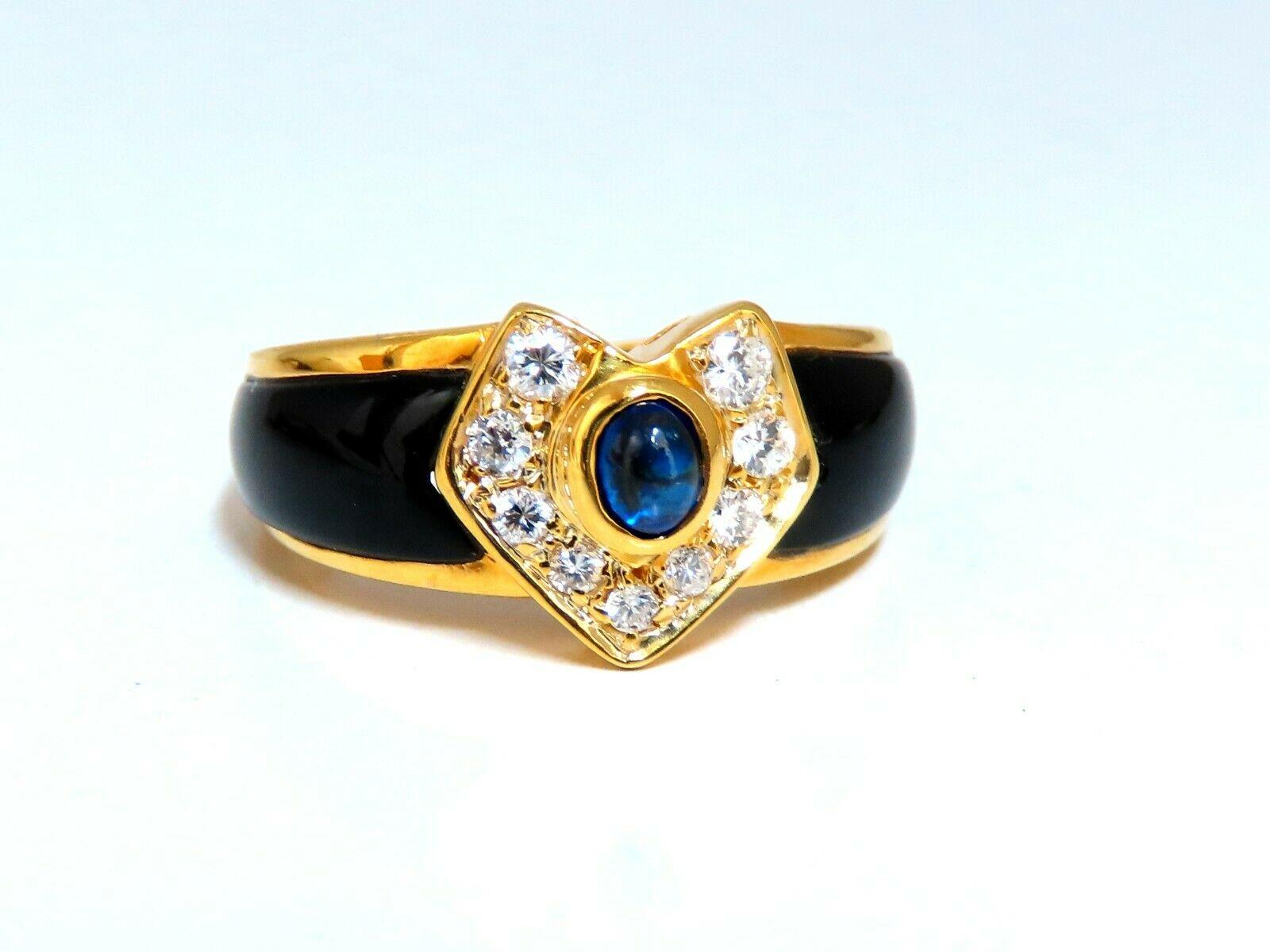 Greek Iconic Ring.

Natural Jet Black Onyx, Sapphire Diamonds ring.

.15ct Natural Cabochon Blue Sapphire.

.30ct. Diamonds G-color Vs-2 clarity.

Gorgeous Carved German Onyx Inlay

  18kt. yellow gold

 5.7 grams

Ring Current size: 6

Ring: 10mm