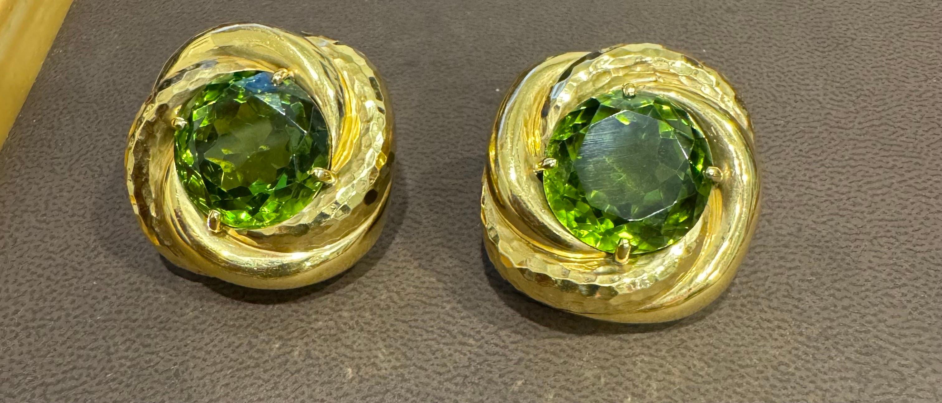 30Ct Natural Round Peridot Earrings by Andrew Clunn in 18 Kt Hammered Gold, Clip For Sale 5