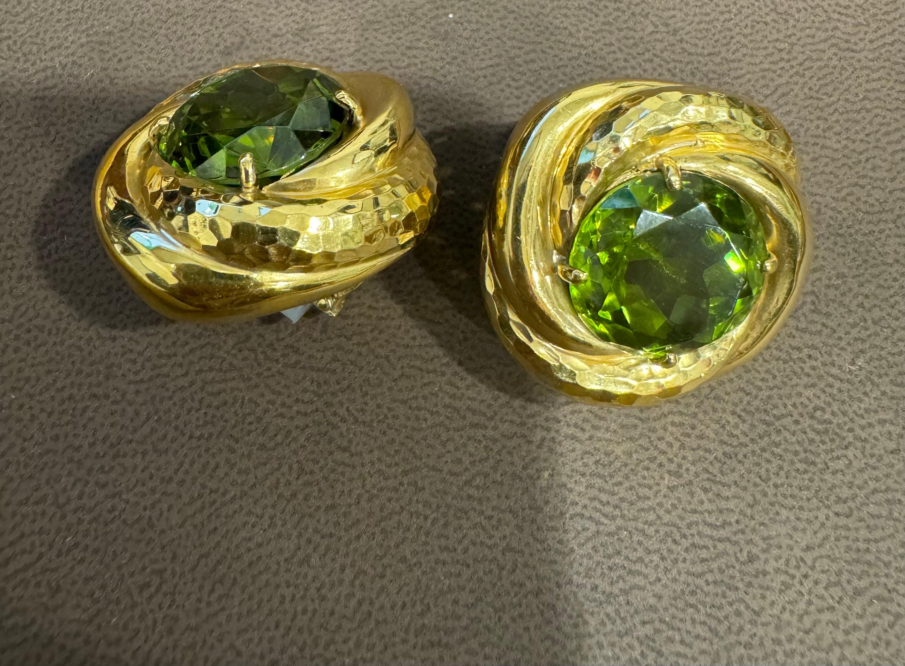 30Ct Natural Round Peridot Earrings by Andrew Clunn in 18 Kt Hammered Gold, Clip For Sale 6