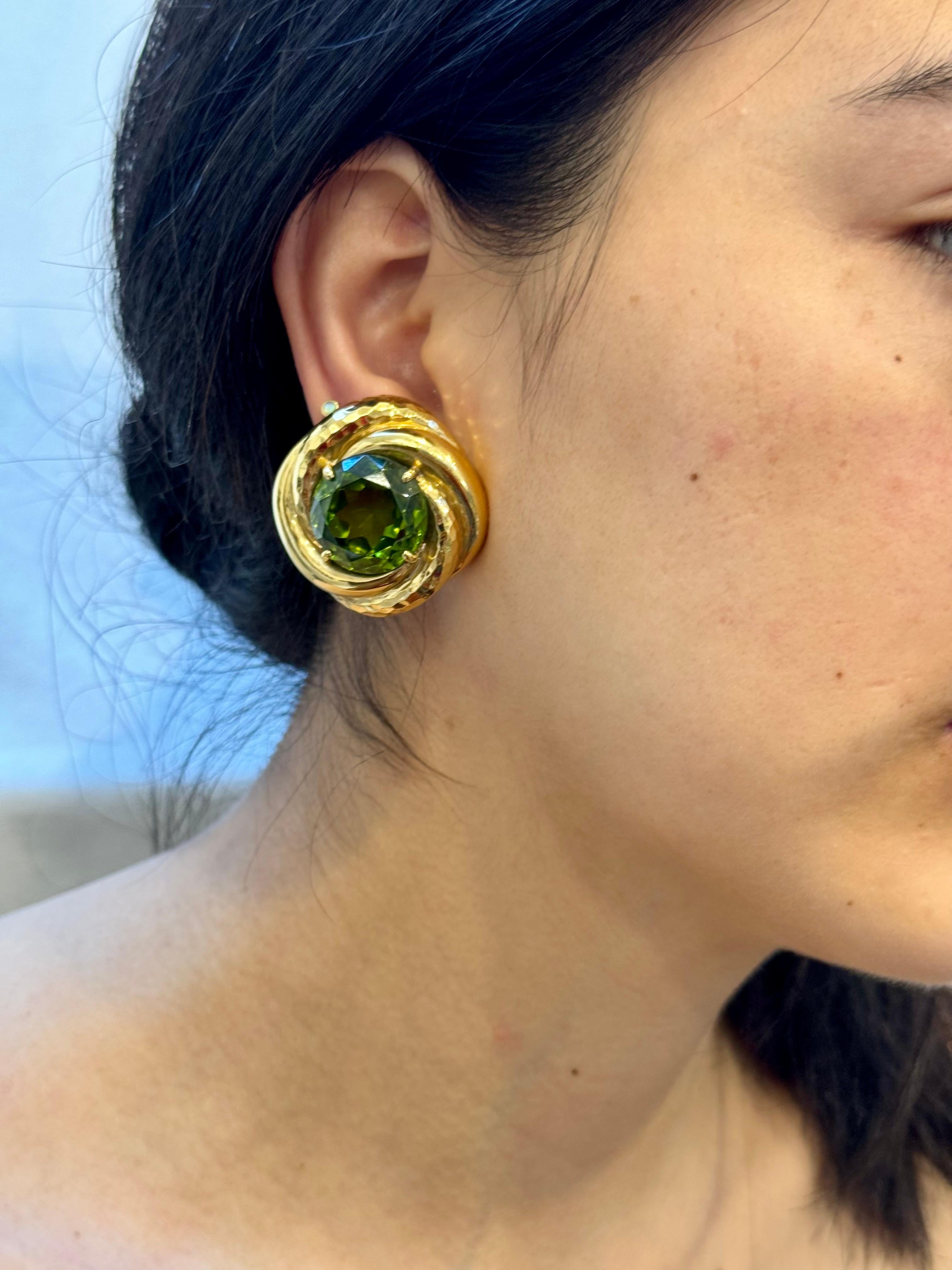 30Ct Natural Round Peridot Earrings by Andrew Clunn in 18 Kt Hammered Gold, Clip For Sale 8