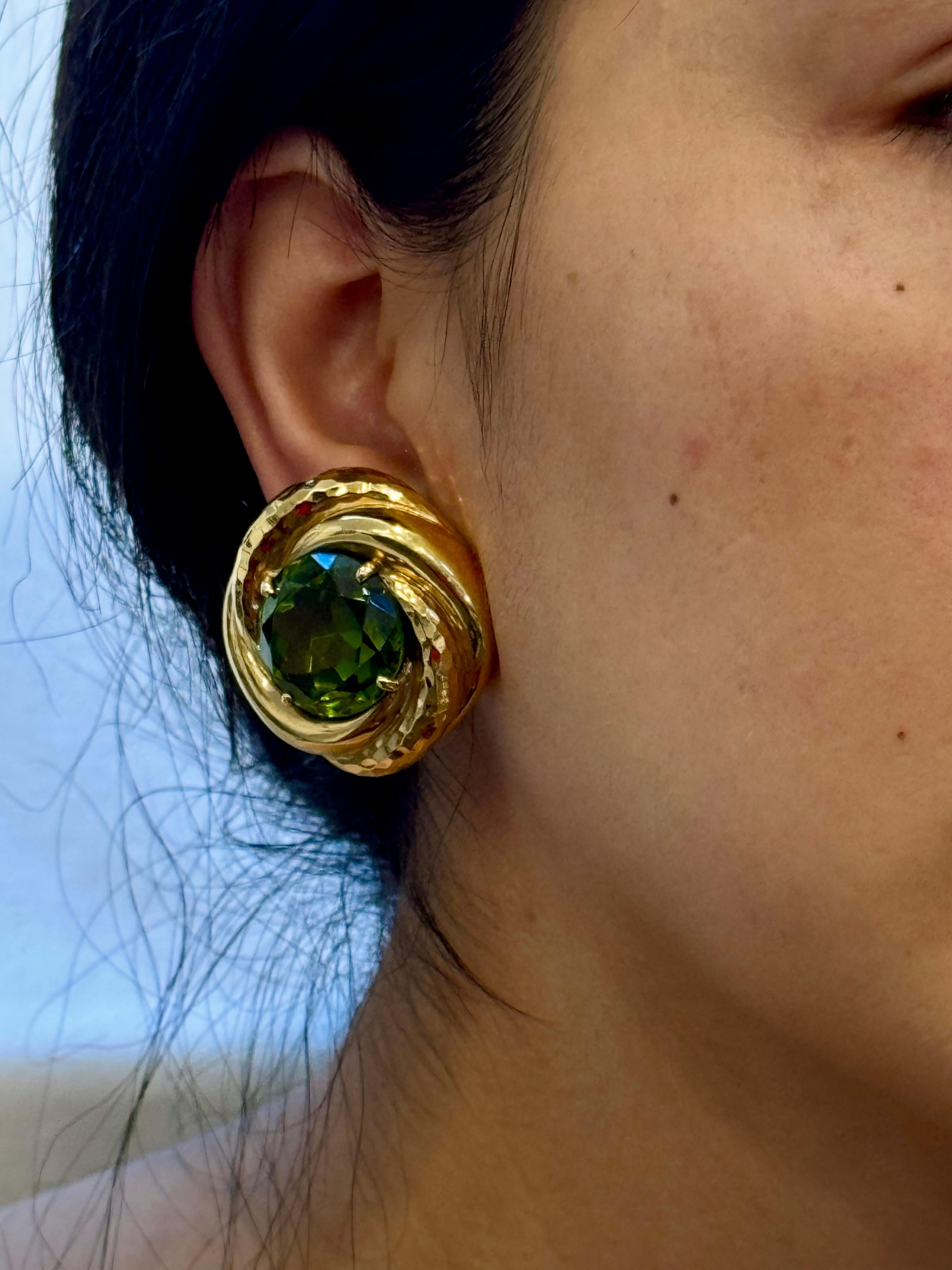 30Ct Natural Round Peridot Earrings by Andrew Clunn in 18 Kt Hammered Gold, Clip For Sale 10