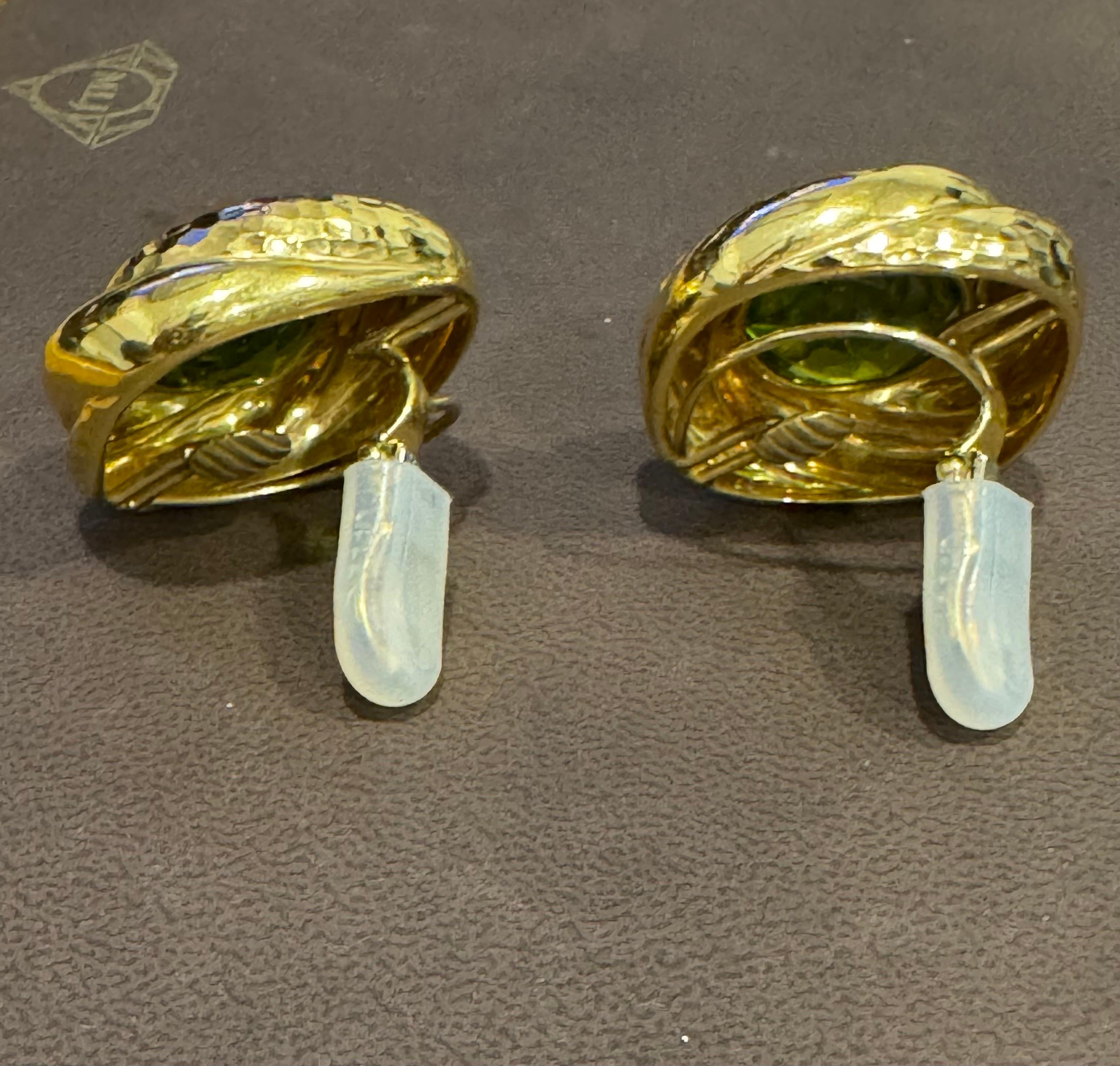 30Ct Natural Round Peridot Earrings by Andrew Clunn in 18 Kt Hammered Gold, Clip For Sale 3