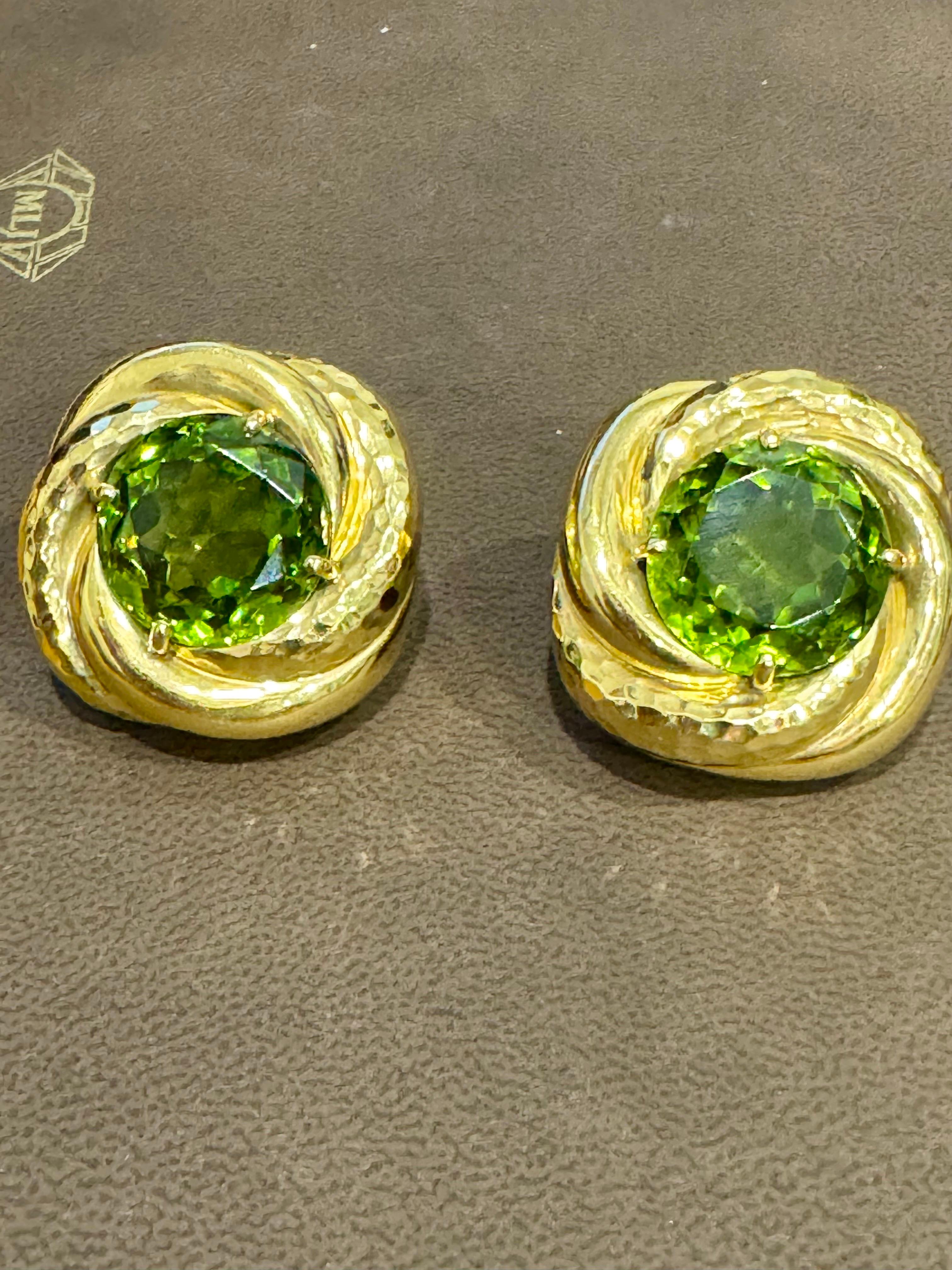 30Ct Natural Round Peridot Earrings by Andrew Clunn in 18 Kt Hammered Gold, Clip For Sale 4