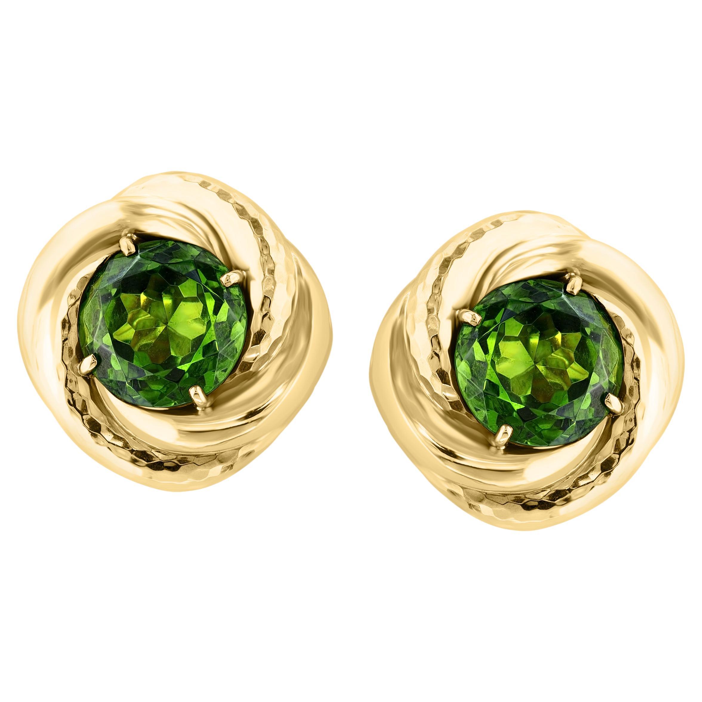 30Ct Natural Round Peridot Earrings by Andrew Clunn in 18 Kt Hammered Gold, Clip