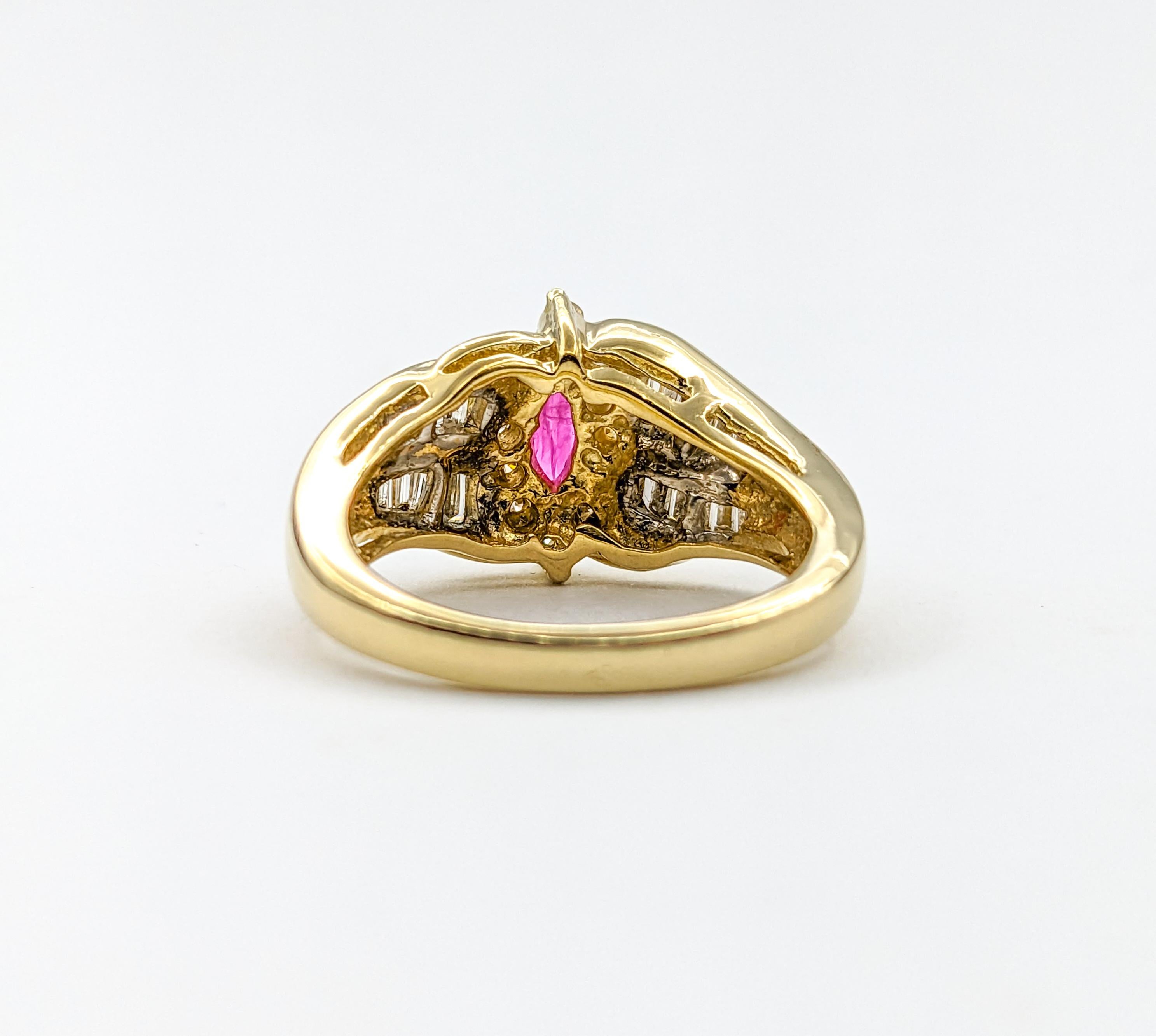 .30ct Ruby & Diamond Ring In Yellow Gold

Discover the allure of this exquisite Ring, meticulously crafted in 14kt Yellow Gold. Adorned with a .50ctw combination of Round and Baguette Diamonds, the sparkly diamonds showcase SI-I clarity and a Near