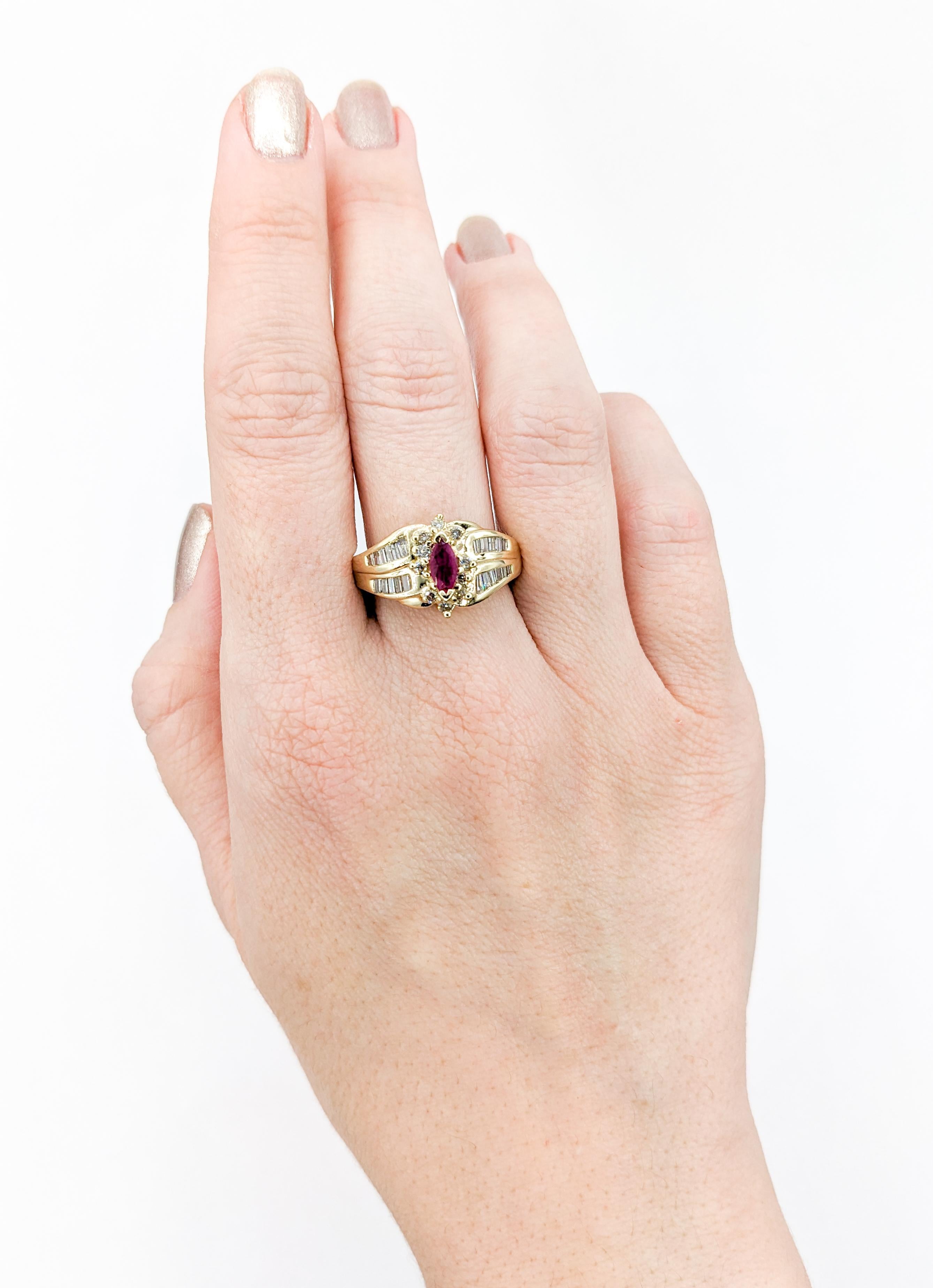 Baguette Cut .30ct Ruby & Diamond Ring In Yellow Gold For Sale