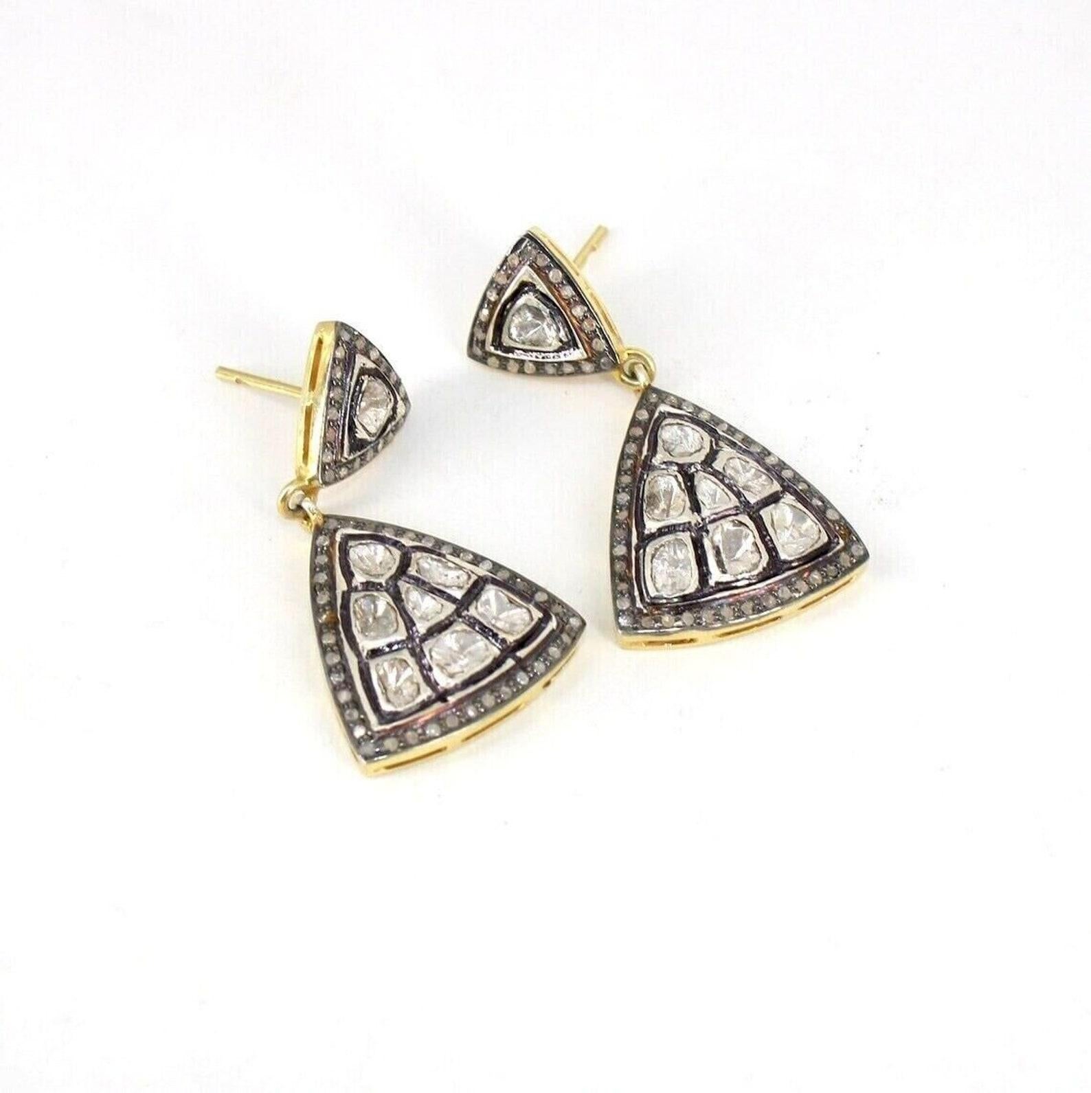 Art Deco 30mm Natural Polki Diamond Earring Rose cut Diamond Earrings 925 Sterling Silver For Sale