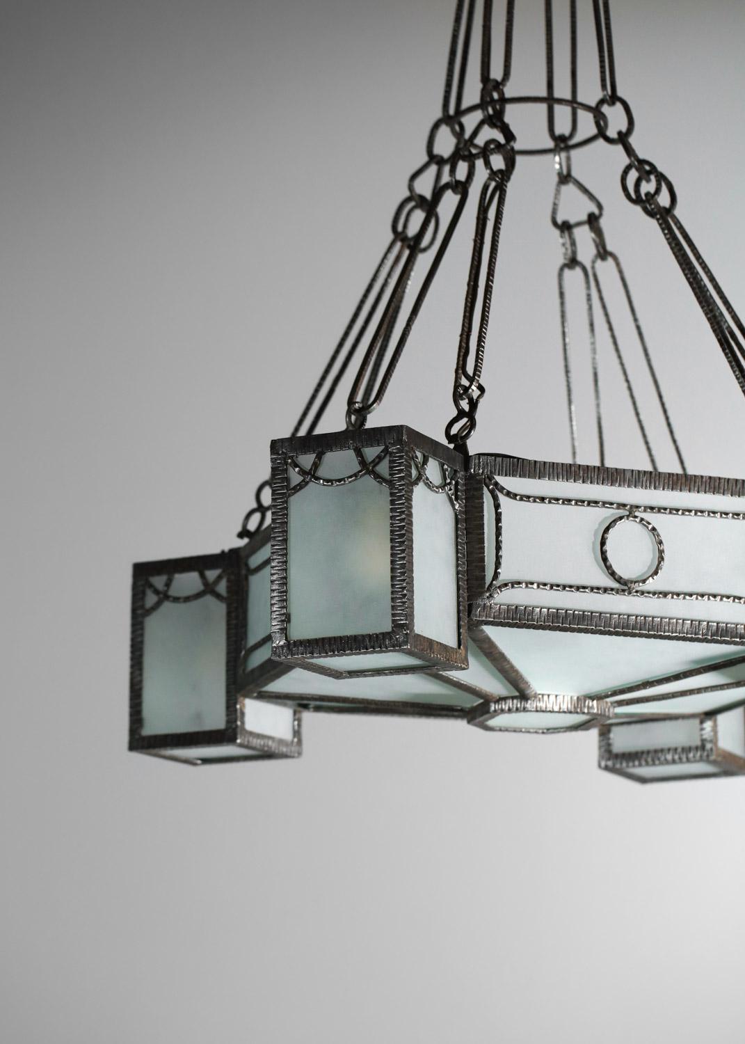 30's art deco wrought iron and geometric frosted glass chandelier French design  For Sale 5
