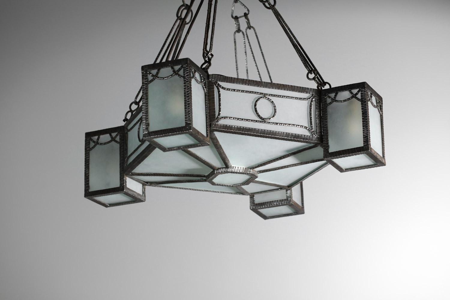 30's art deco wrought iron and geometric frosted glass chandelier French design  For Sale 6