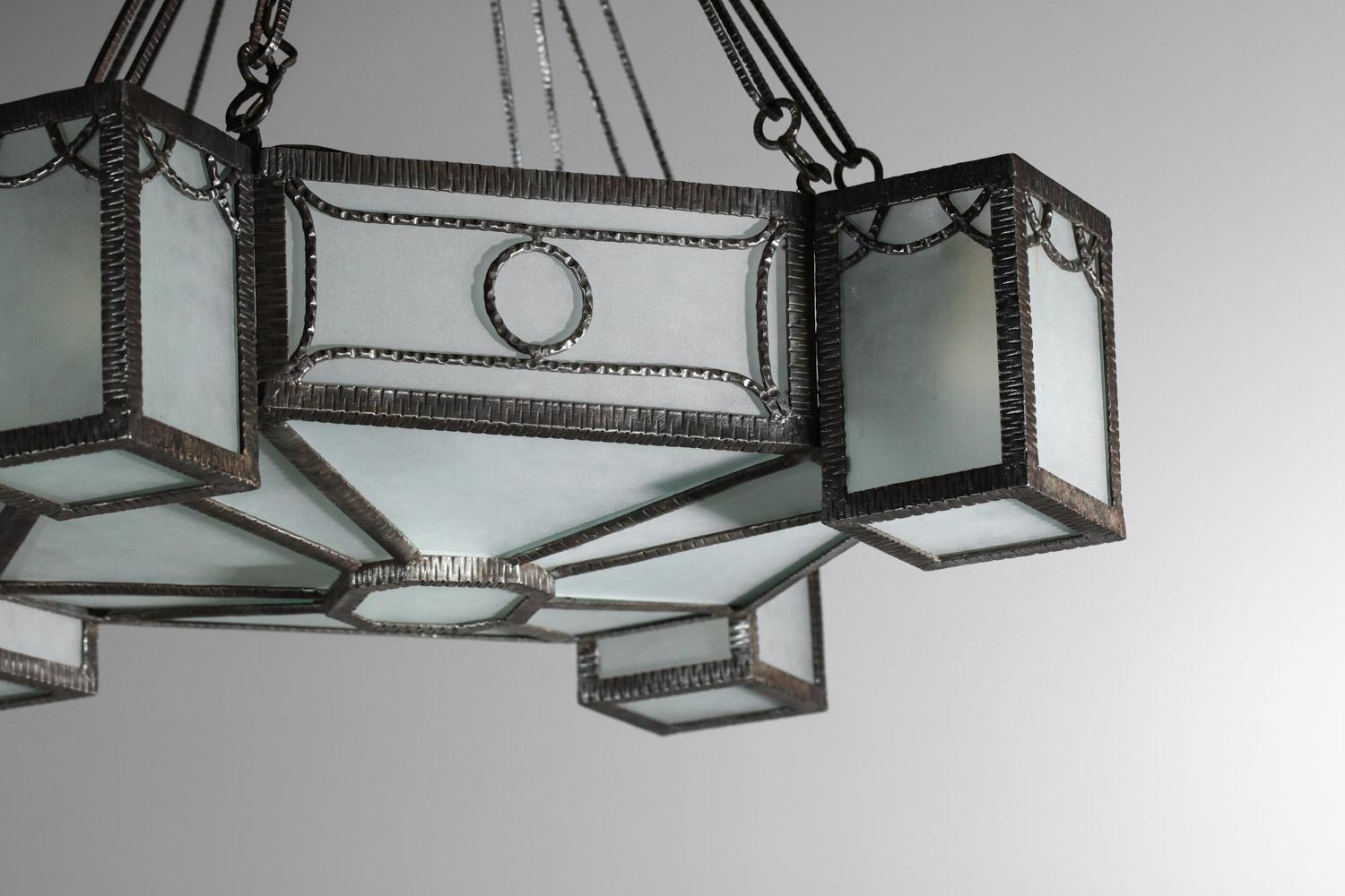 30's art deco wrought iron and geometric frosted glass chandelier French design  For Sale 7