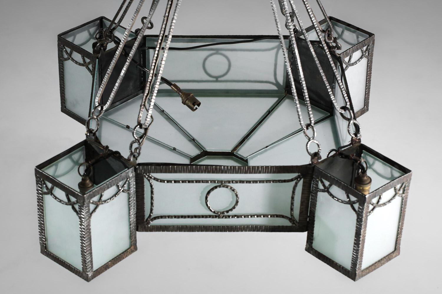 30's art deco wrought iron and geometric frosted glass chandelier French design  For Sale 9