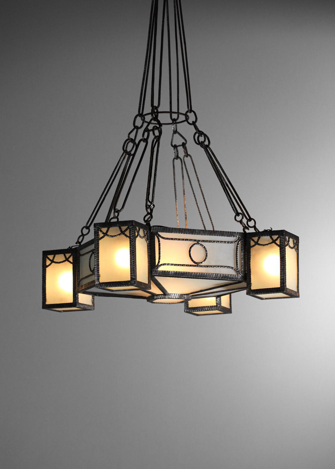 Glass 30's art deco wrought iron and geometric frosted glass chandelier French design  For Sale