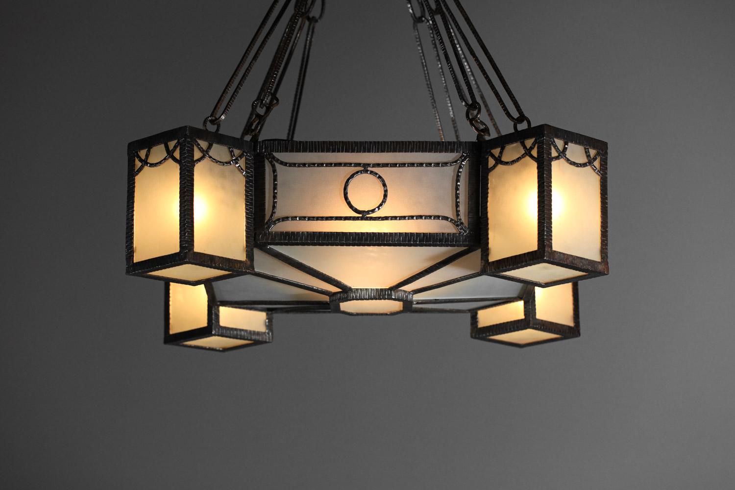 30's art deco wrought iron and geometric frosted glass chandelier French design  For Sale 2