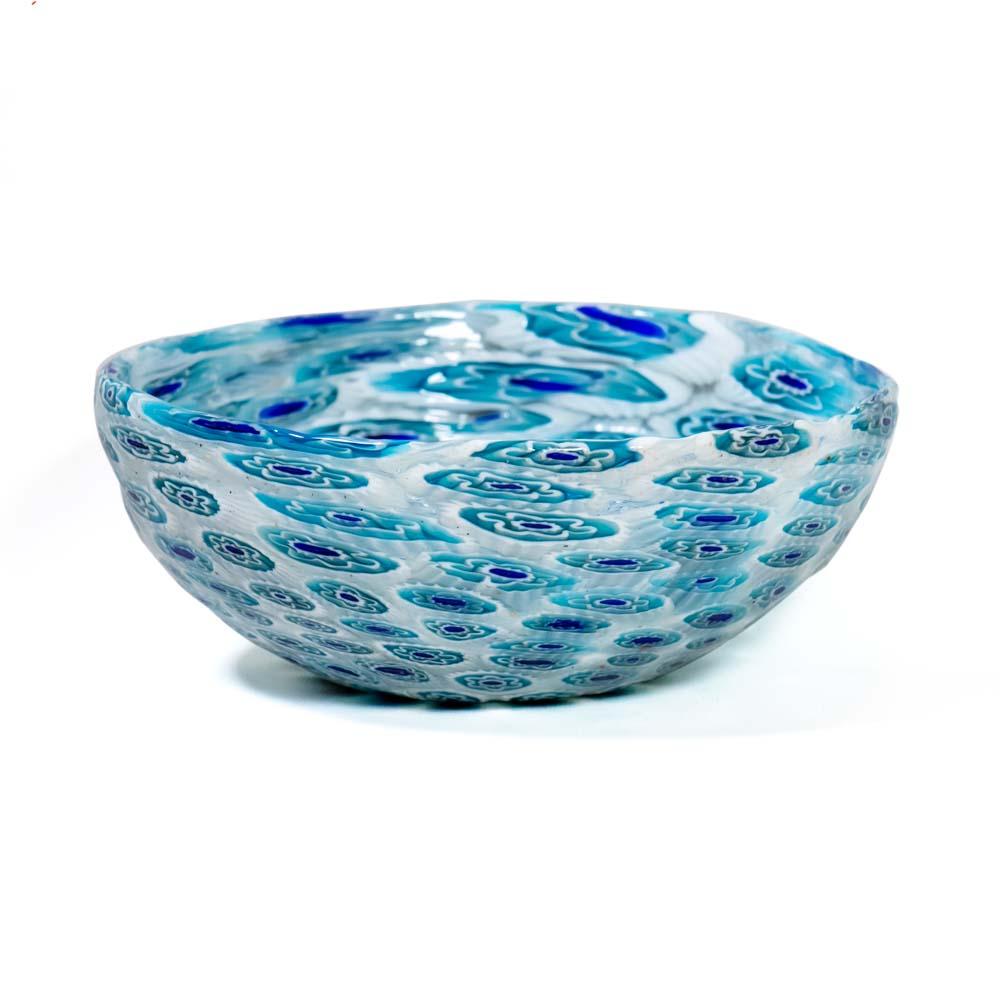 A 1938 very beautiful bowl. Blown Murano glass Murrine technique in blue, turquoise and white. Designed and made in the furnace of the Famiglia Ferro in Murano, Italy.