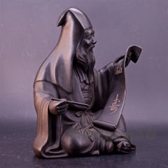 Bronze Sculpture Japanese Scholar Scroll Fukurokuju Inlay