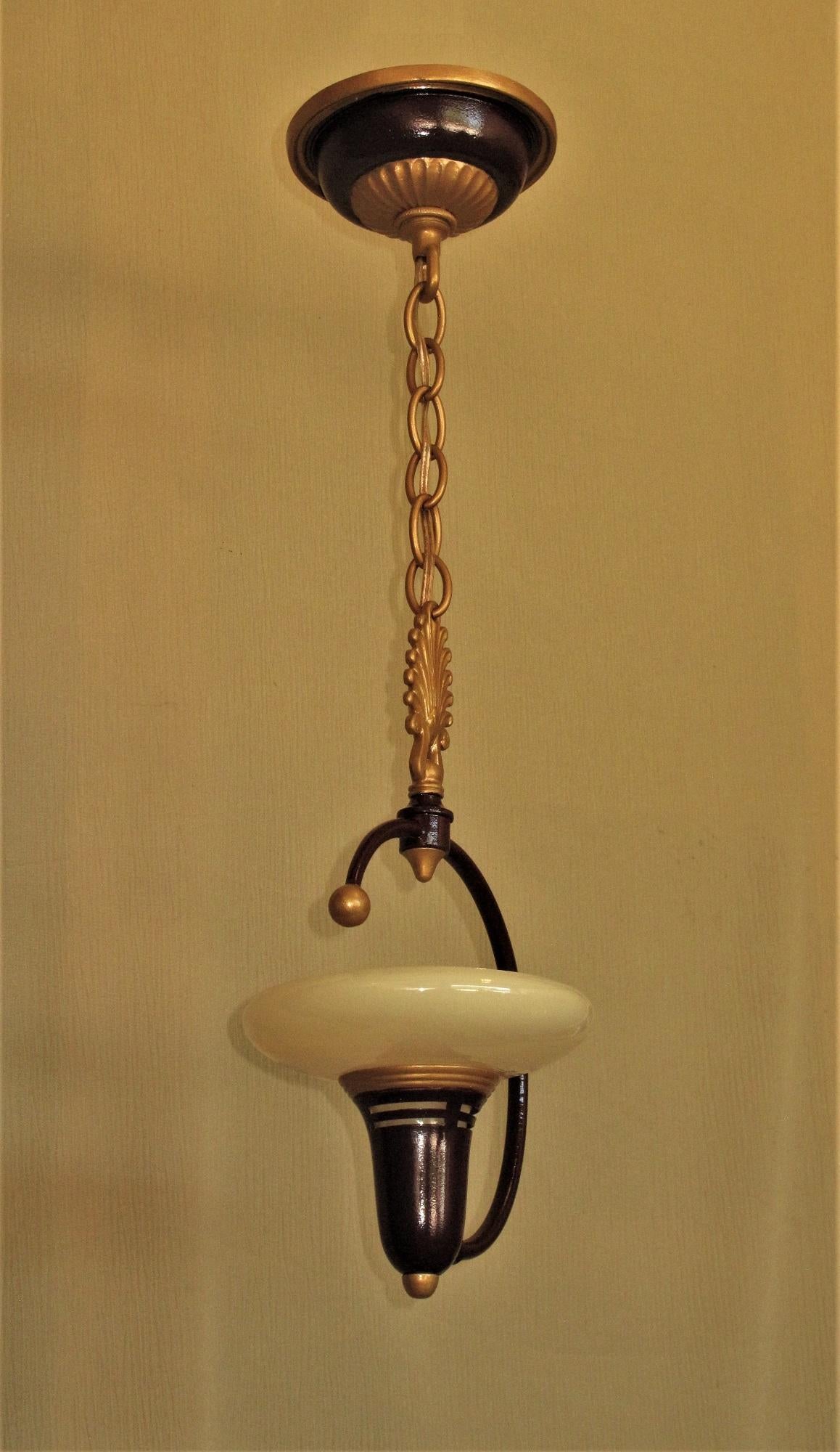 1930s MCM Pendant with Custard Glass by Lightolier In Good Condition For Sale In Prescott, AZ