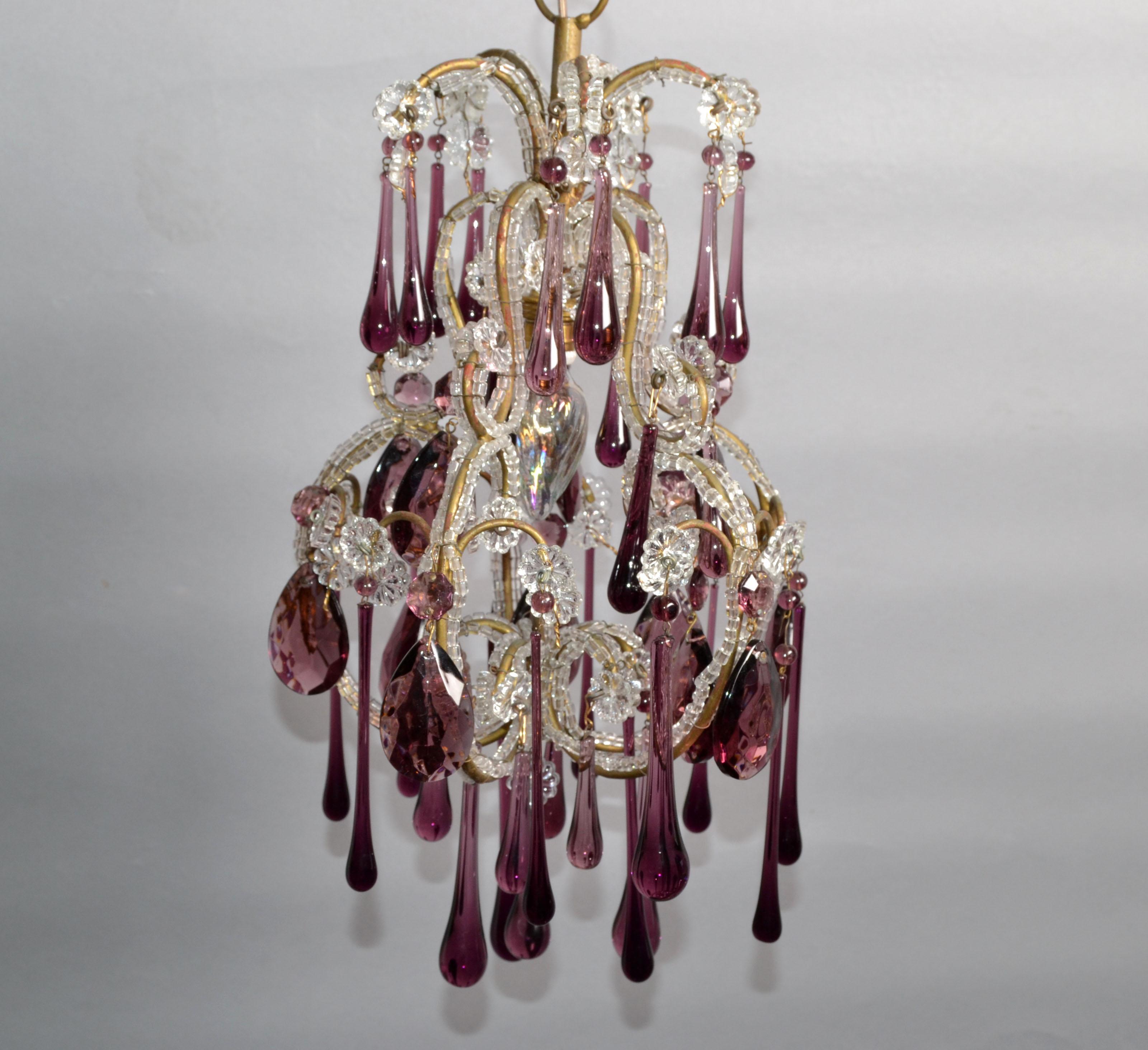 30s Petite French Bulbous Purple Art Glass 1 Light Chandelier & Clear Beads For Sale 3