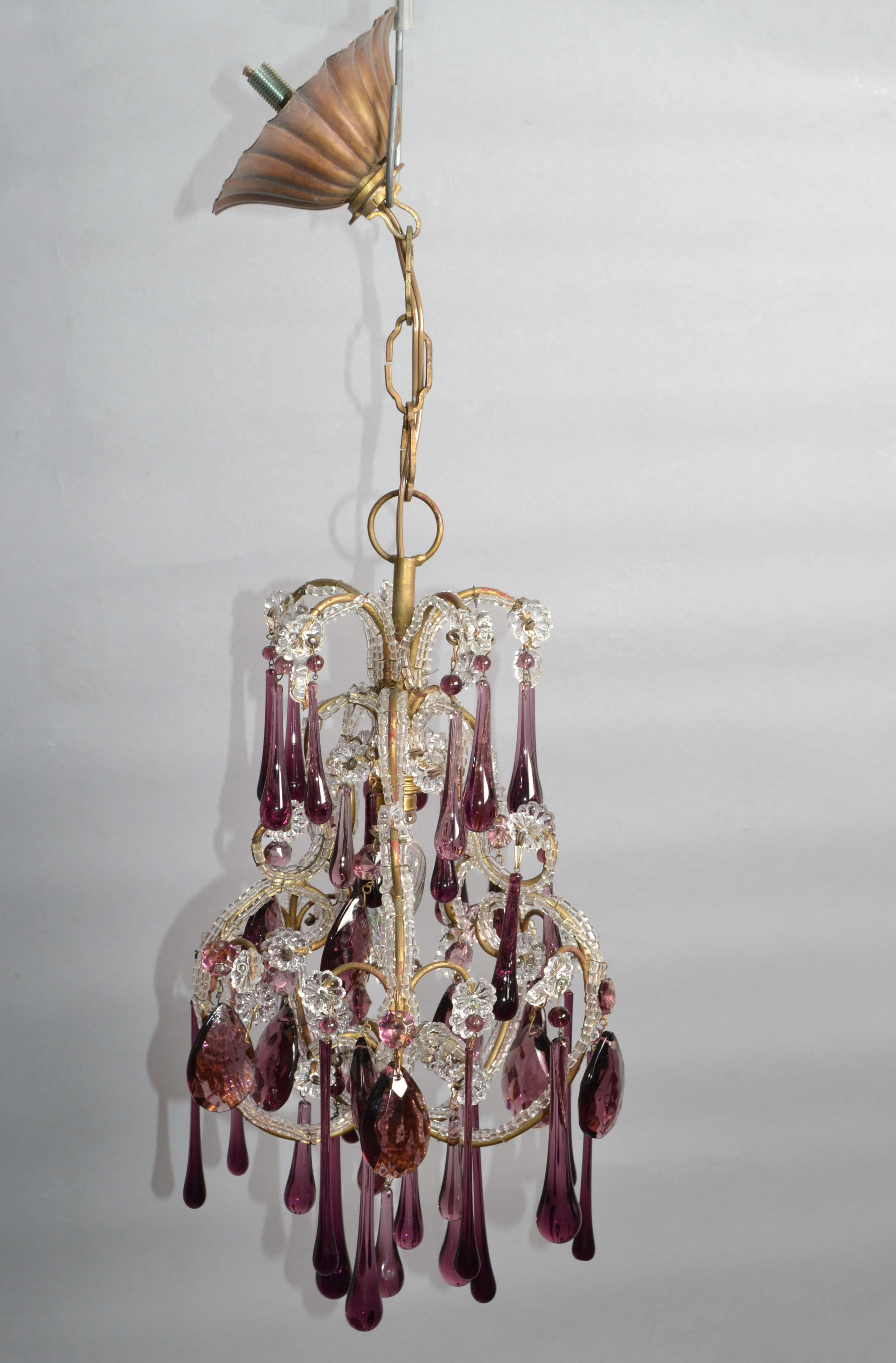 30s Petite French Bulbous Purple Art Glass 1 Light Chandelier & Clear Beads For Sale 3