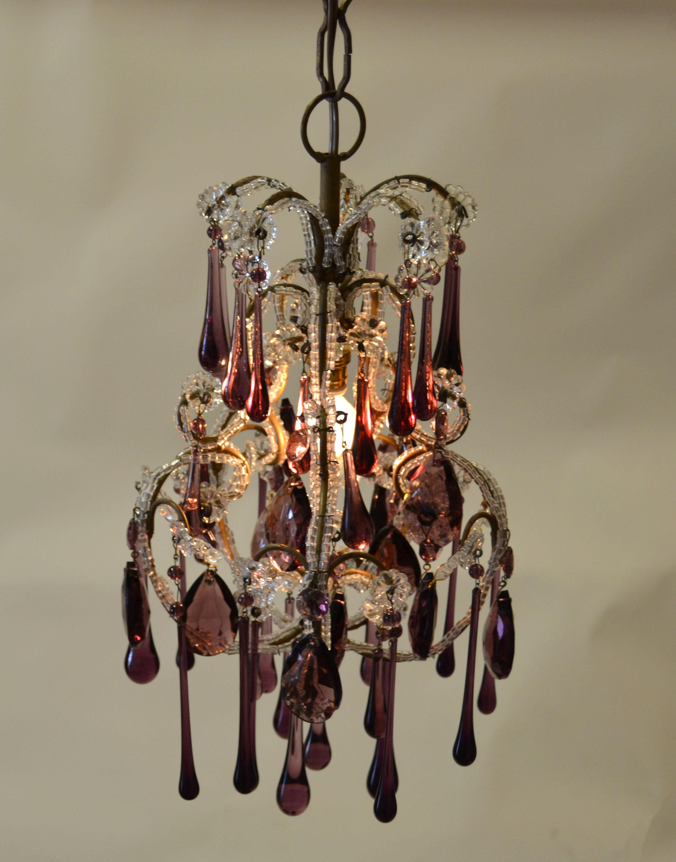 30s Petite French Bulbous Purple Art Glass 1 Light Chandelier & Clear Beads For Sale 5