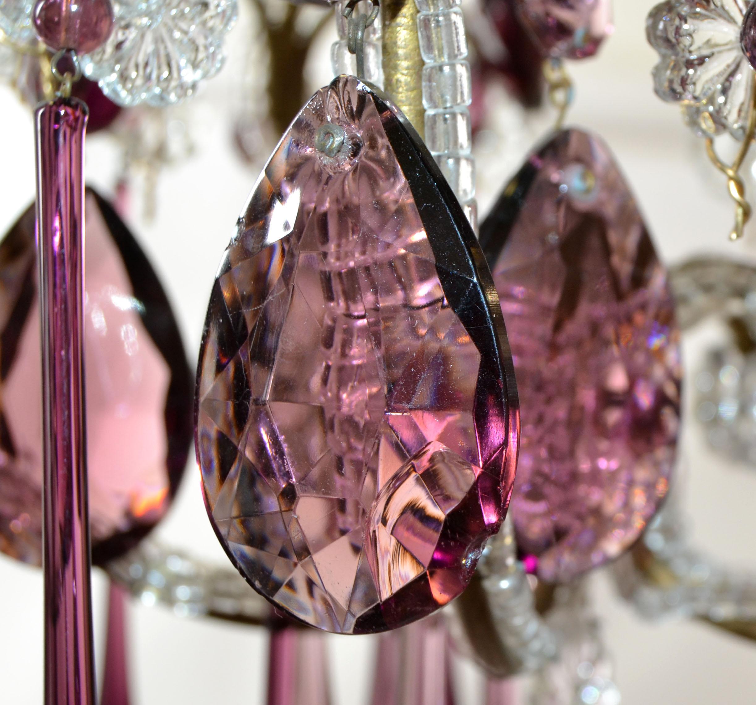 30s Petite French Bulbous Purple Art Glass 1 Light Chandelier & Clear Beads For Sale 5