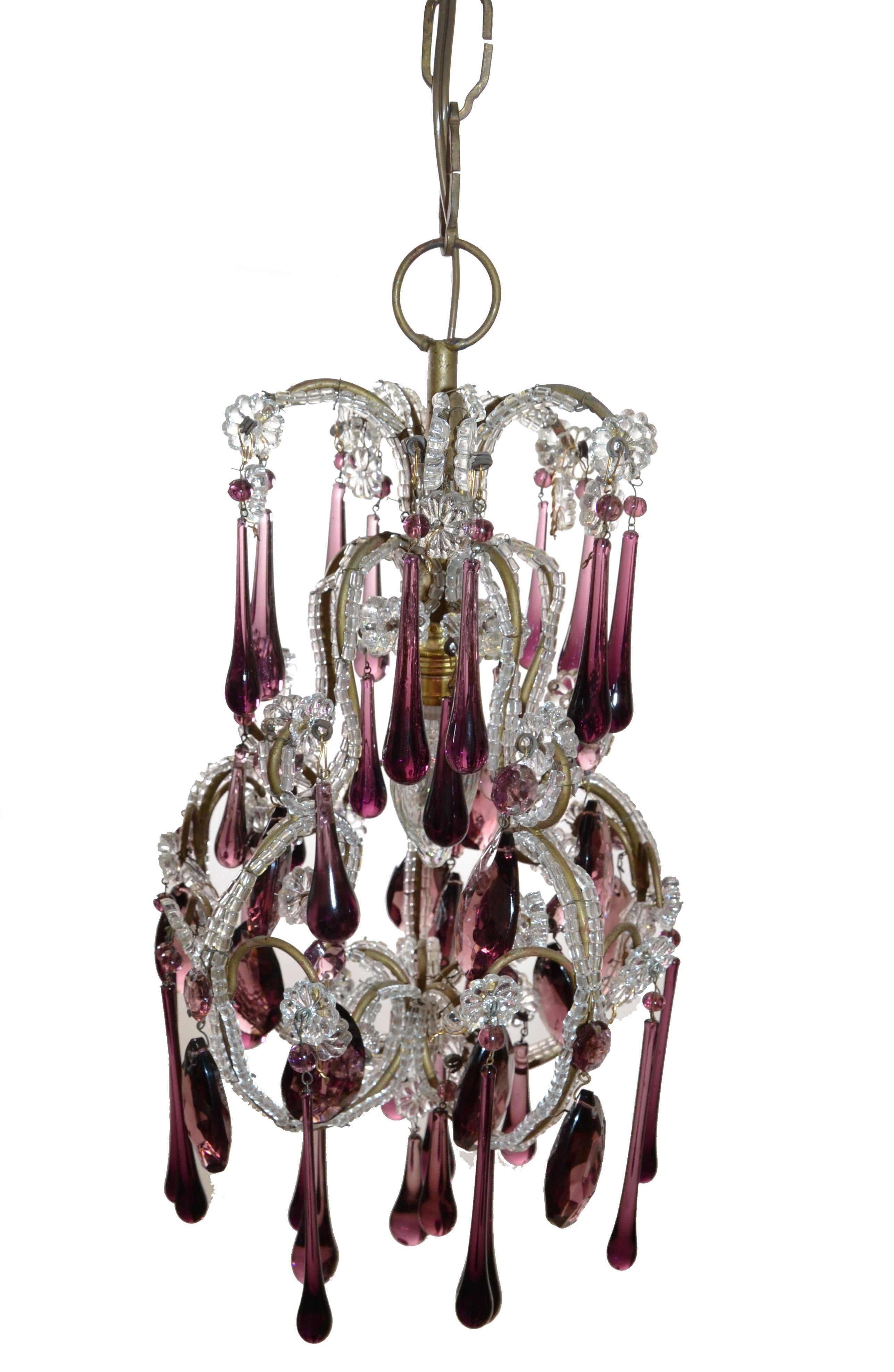30s Petite French Bulbous Purple Art Glass 1 Light Chandelier & Clear Beads For Sale 7