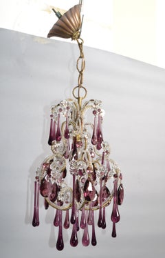 30s Petite French Bulbous Purple Art Glass 1 Light Chandelier & Clear Beads