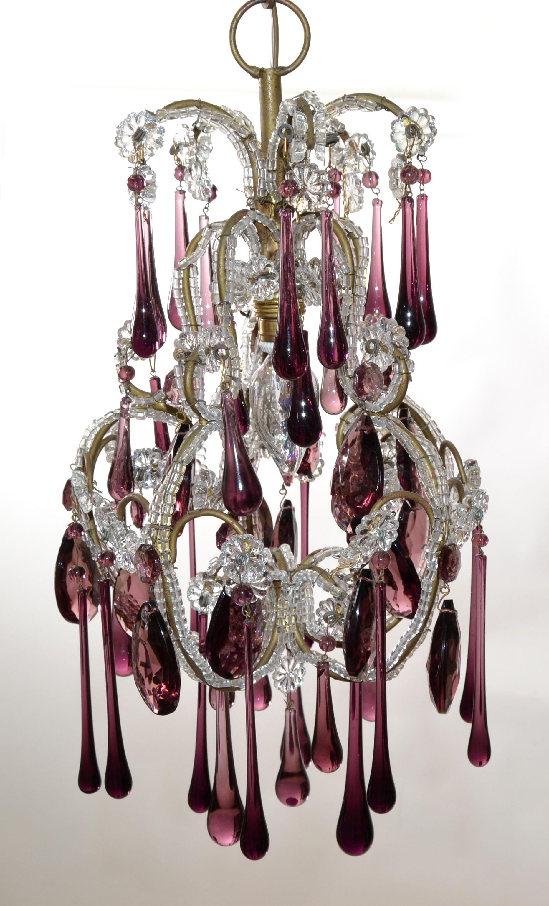 Art Deco 30s Petite French Bulbous Purple Art Glass 1 Light Chandelier & Clear Beads For Sale