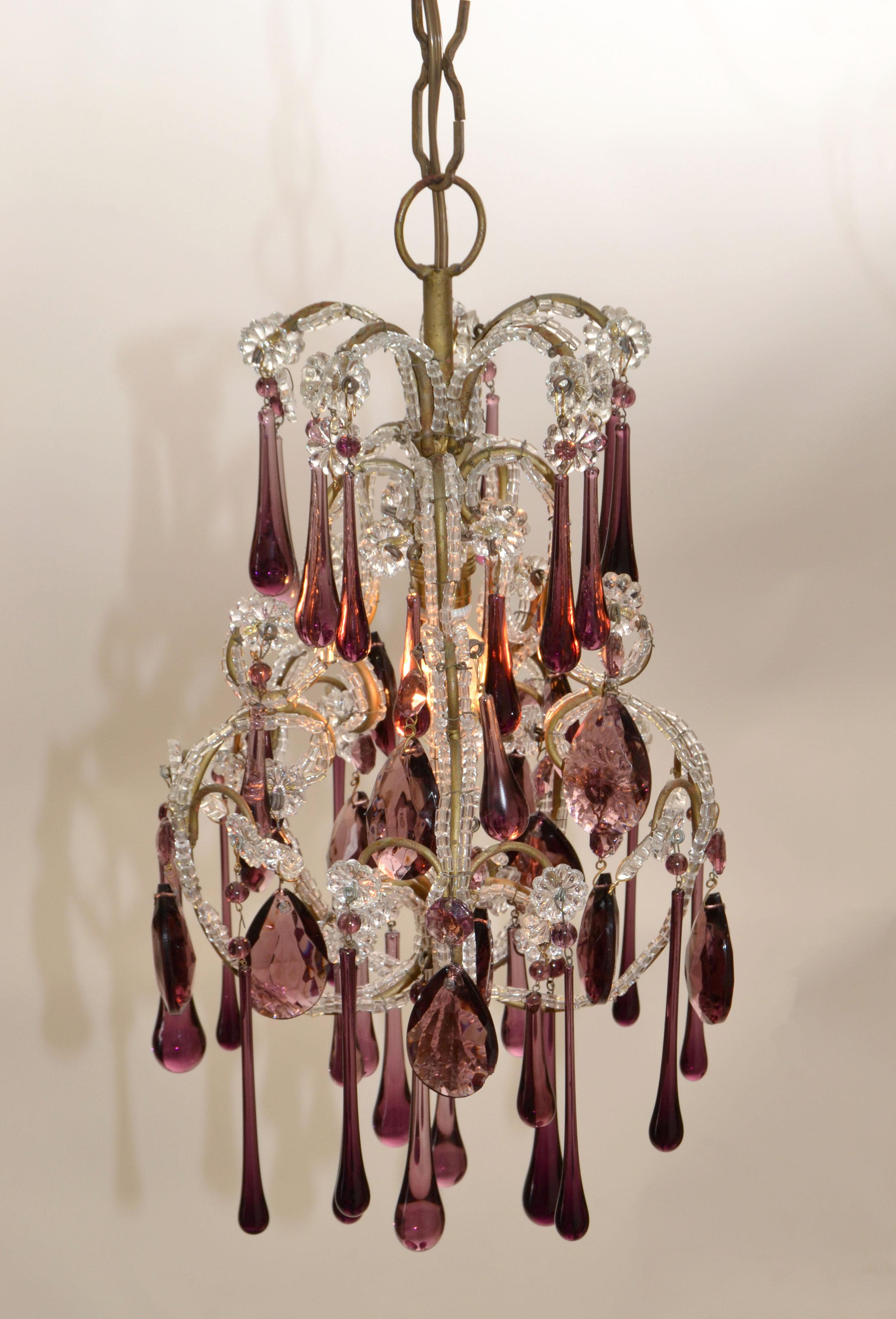 Italian 30s Petite French Bulbous Purple Art Glass 1 Light Chandelier & Clear Beads For Sale