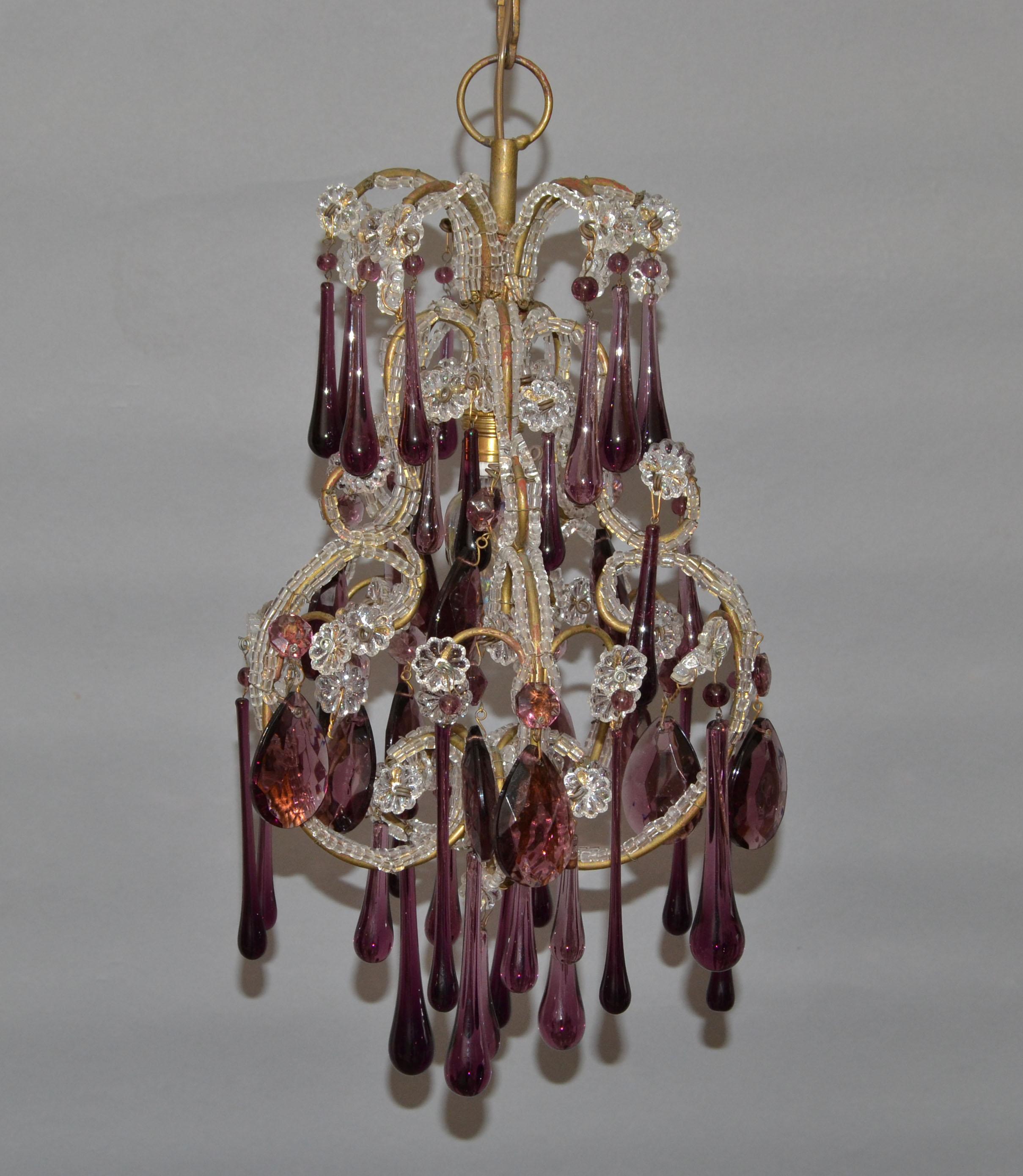 Faceted 30s Petite French Bulbous Purple Art Glass 1 Light Chandelier & Clear Beads For Sale