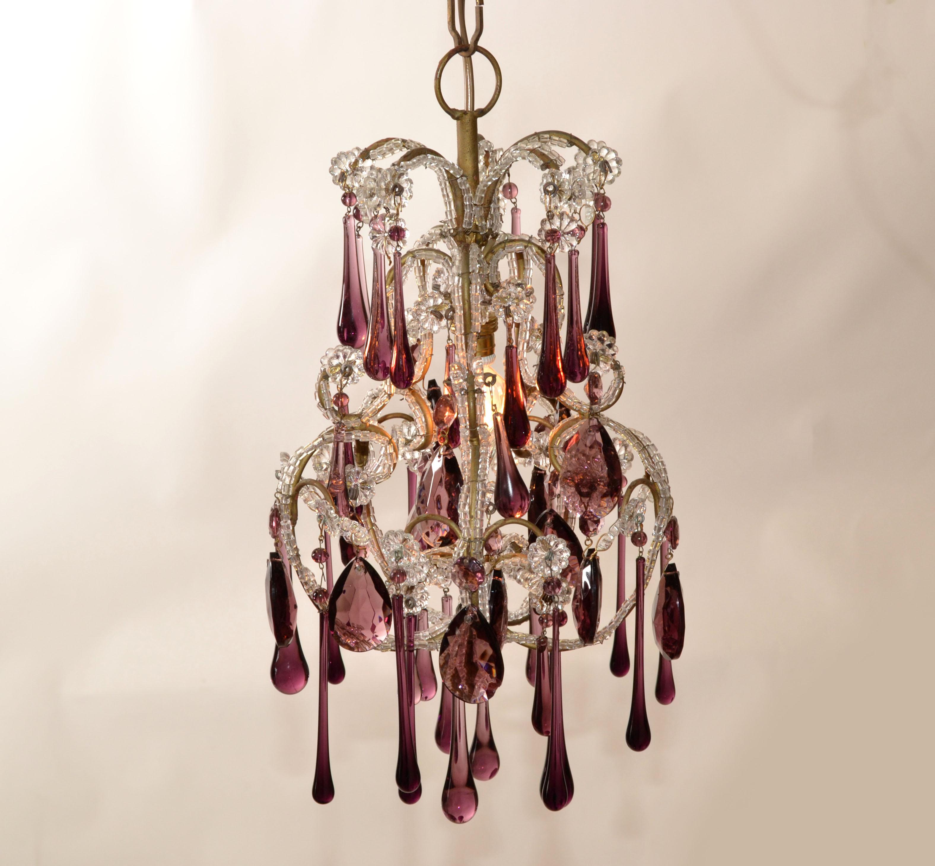 30s Petite French Bulbous Purple Art Glass 1 Light Chandelier & Clear Beads In Good Condition For Sale In Miami, FL