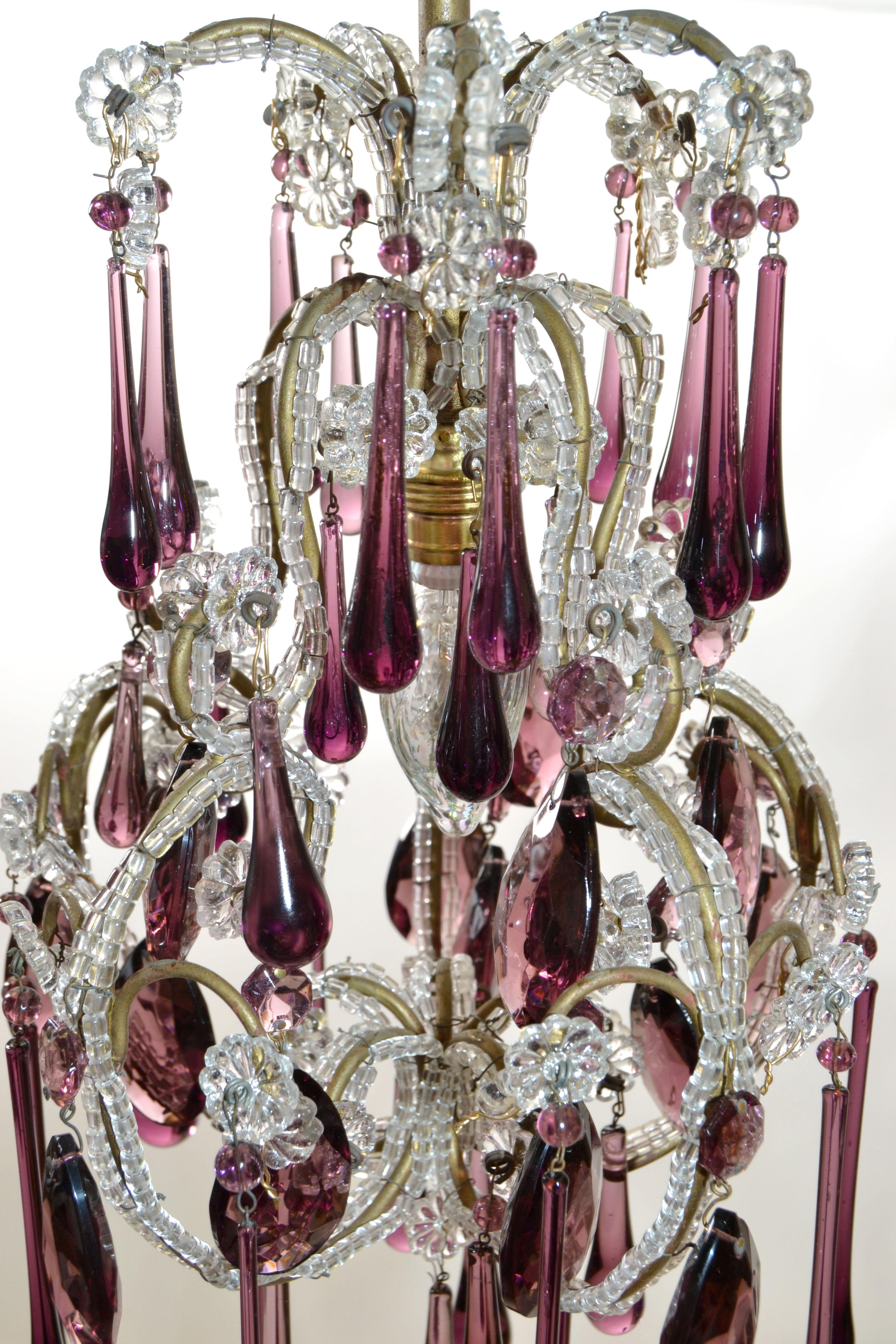 20th Century 30s Petite French Bulbous Purple Art Glass 1 Light Chandelier & Clear Beads For Sale