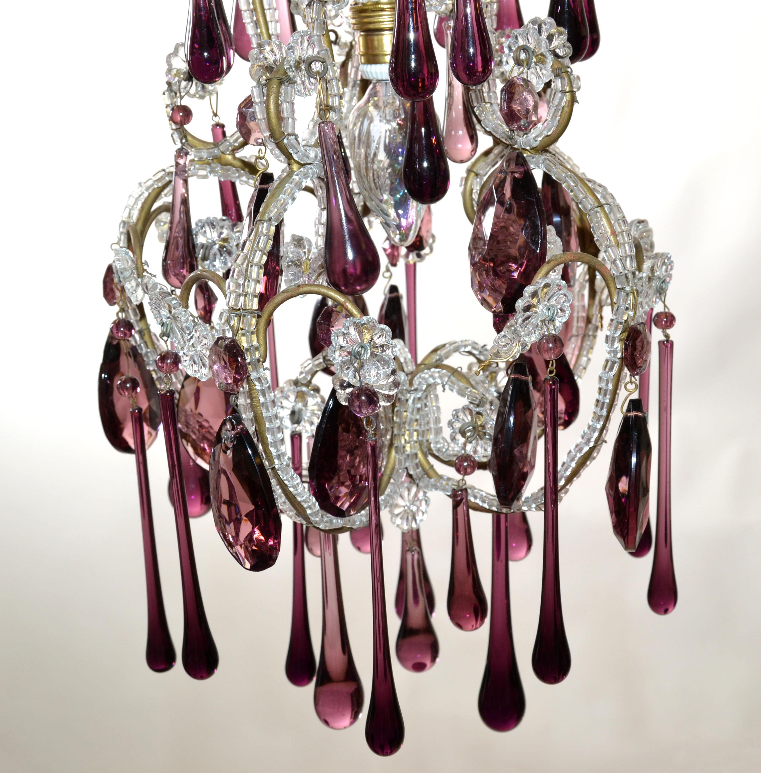 30s Petite French Bulbous Purple Art Glass 1 Light Chandelier & Clear Beads For Sale 2