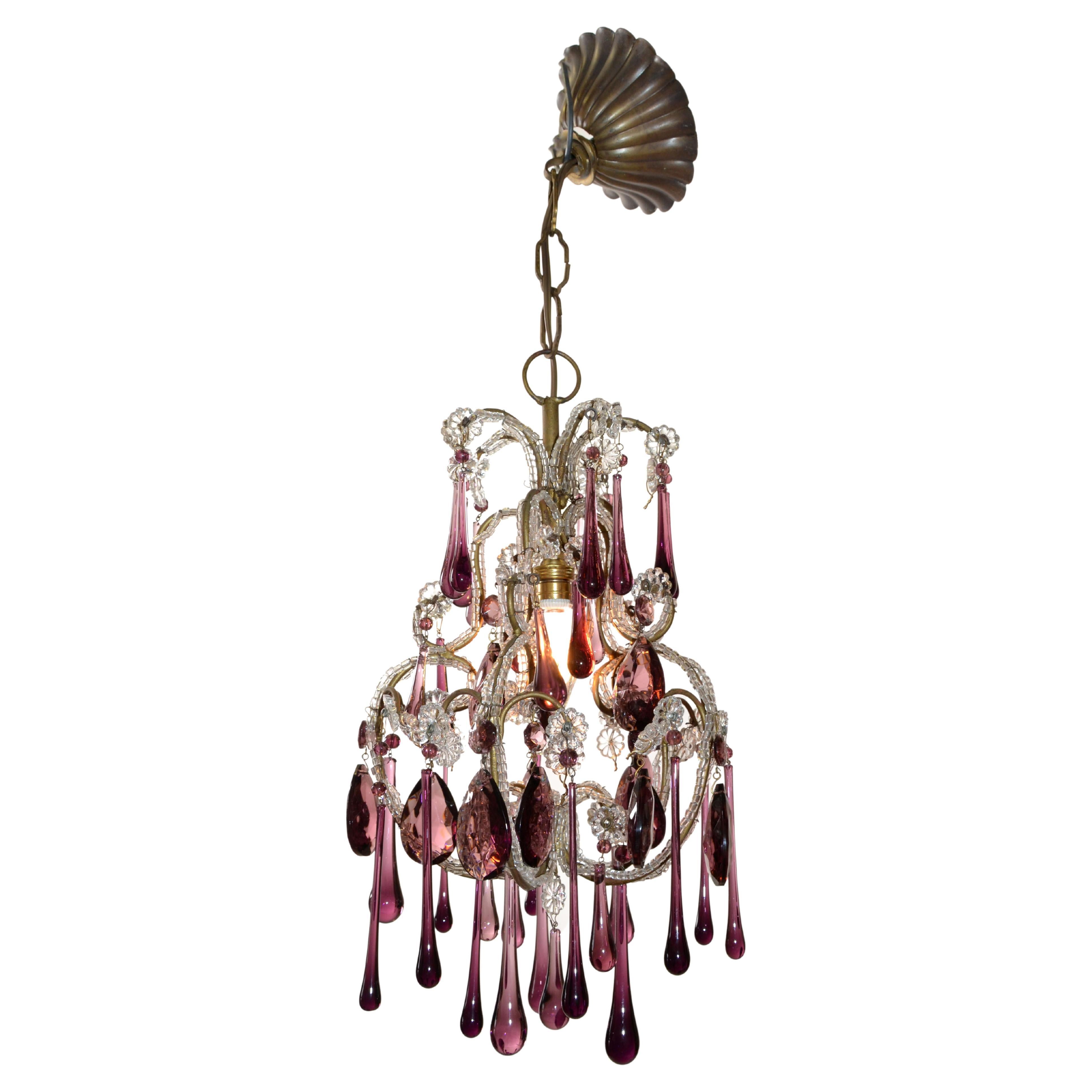 30s Petite French Bulbous Purple Art Glass 1 Light Chandelier & Clear Beads For Sale