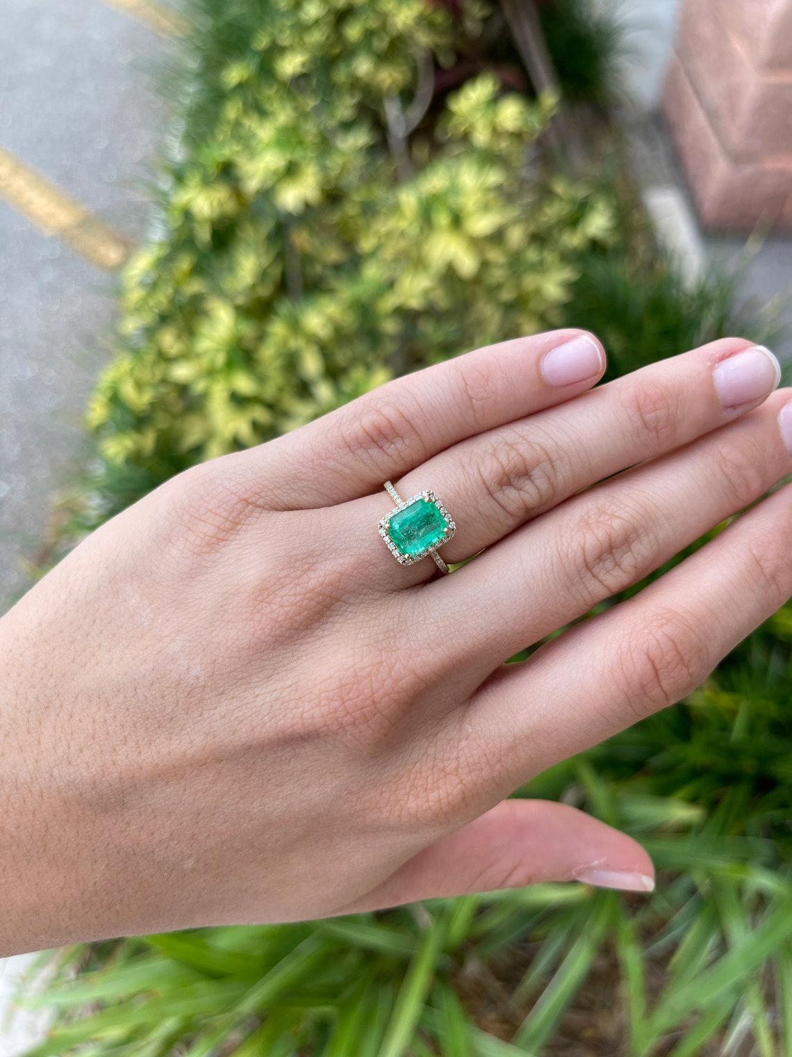 3.0tcw 14K Emerald Cut Emerald & Diamond Halo Ring 1
