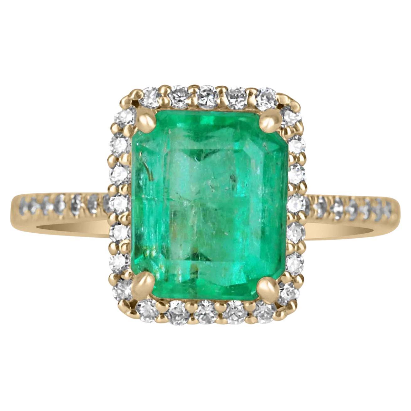 3.0tcw 14K Emerald Cut Emerald & Diamond Halo Ring