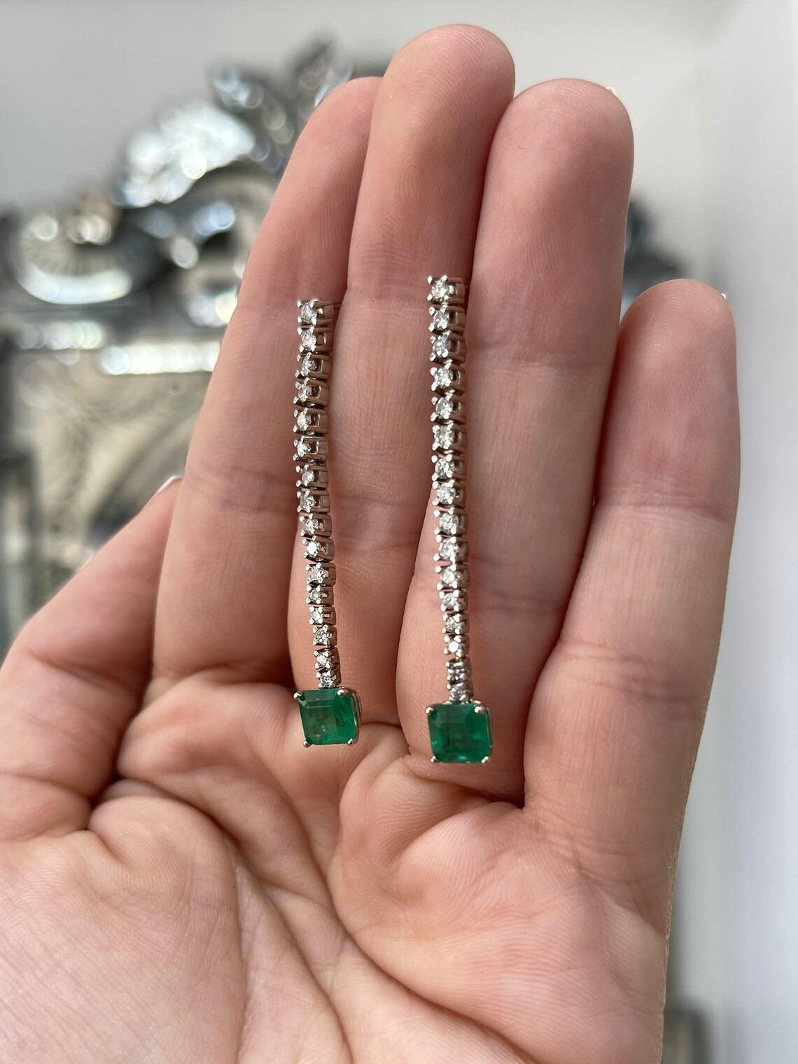 Asscher Cut 3.0tcw 14K Lush Green Emerald & Diamond Dangle Drop Earrings in White Gold For Sale