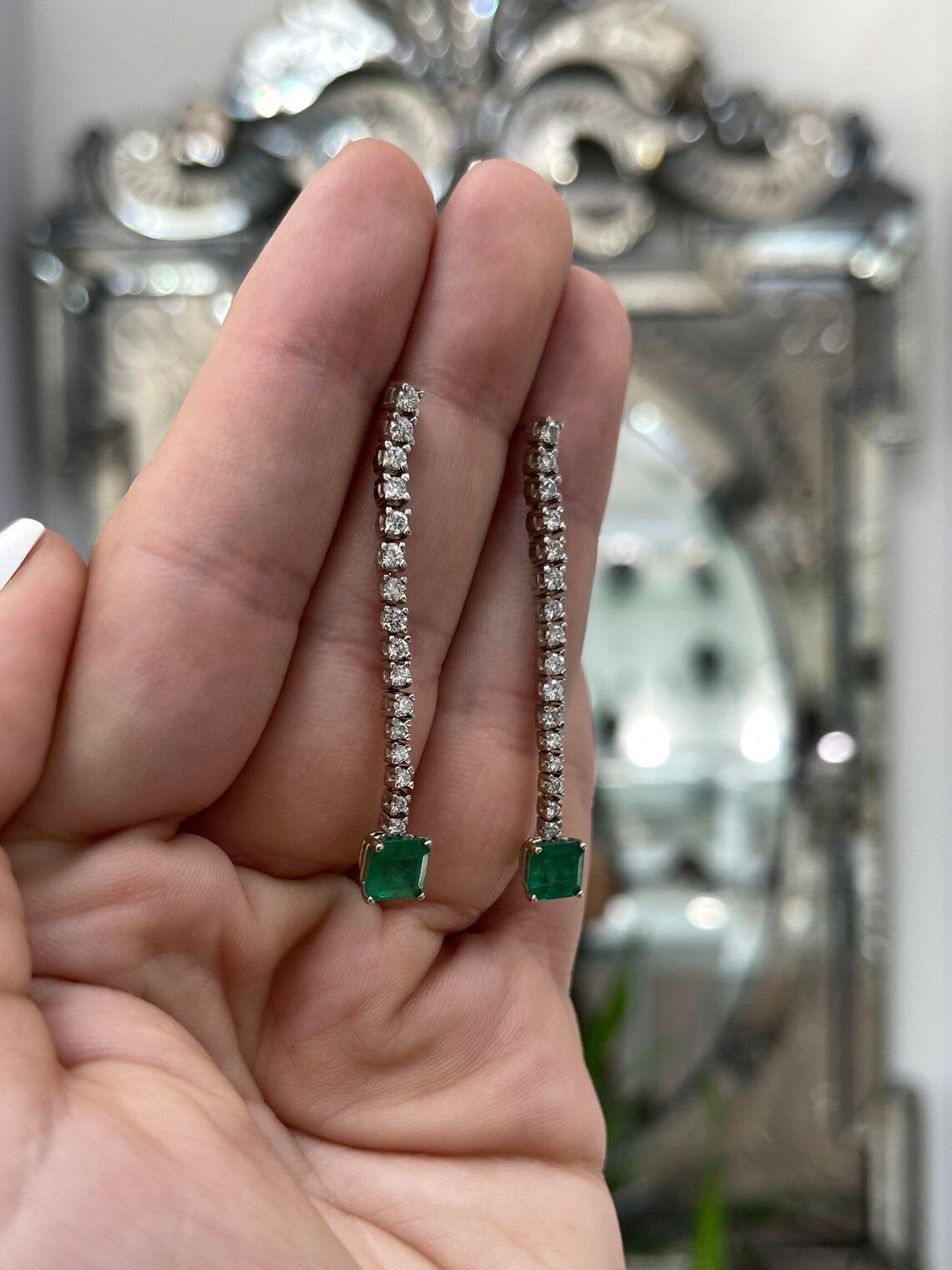 3.0tcw 14K Lush Green Emerald & Diamond Dangle Drop Earrings in White Gold In New Condition For Sale In Jupiter, FL