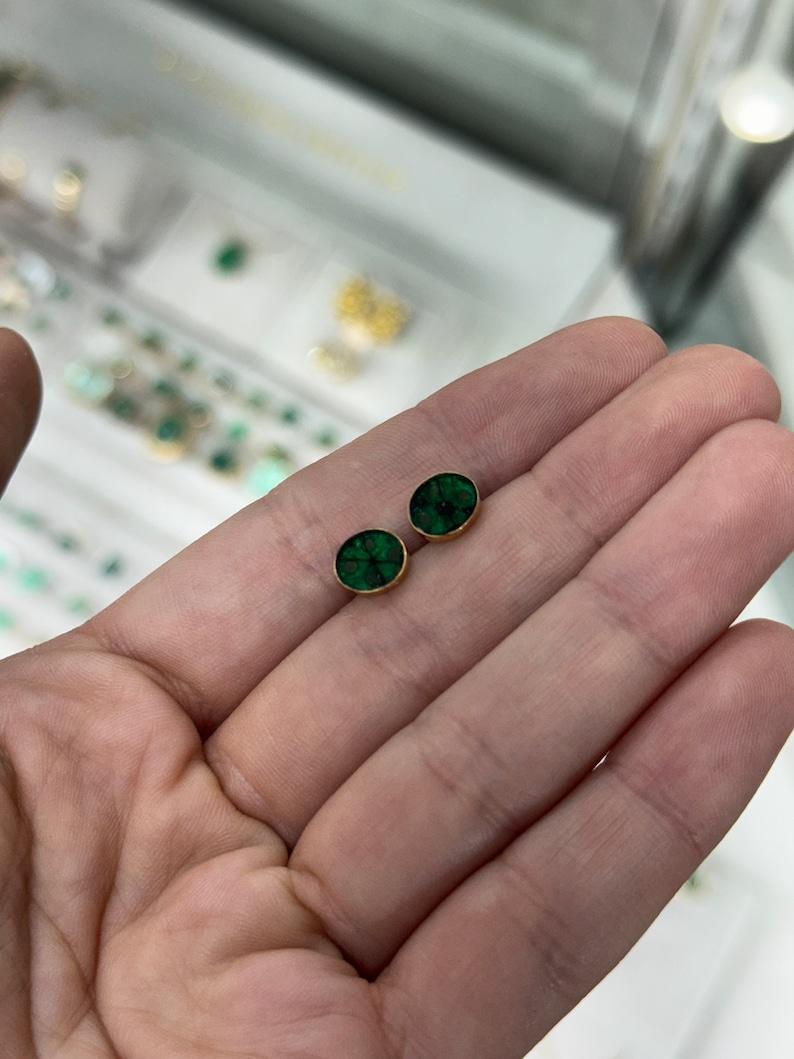 Emerald Cut 3.0tcw 18K Colombian Trapiche Emerald Stud Earrings  Rich Dark Green Bezel Set For Sale