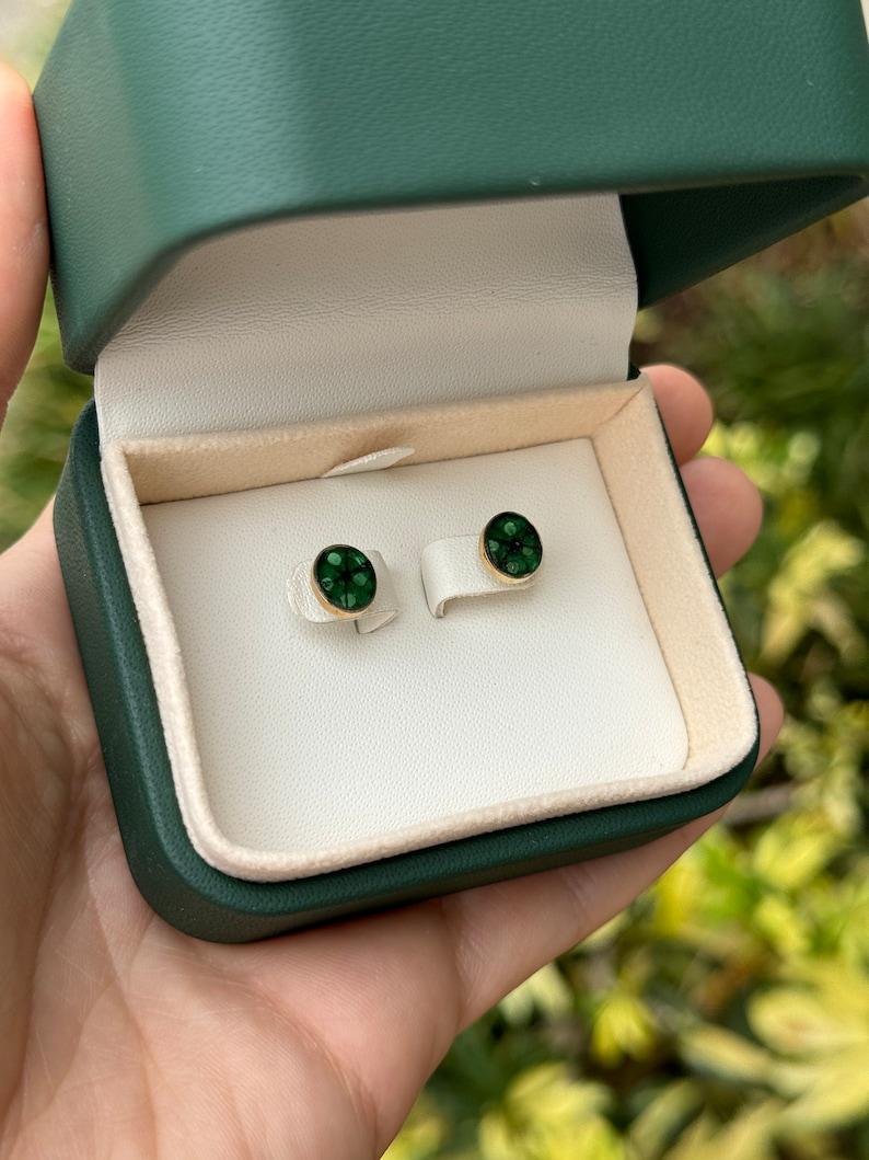 Women's 3.0tcw 18K Colombian Trapiche Emerald Stud Earrings  Rich Dark Green Bezel Set For Sale