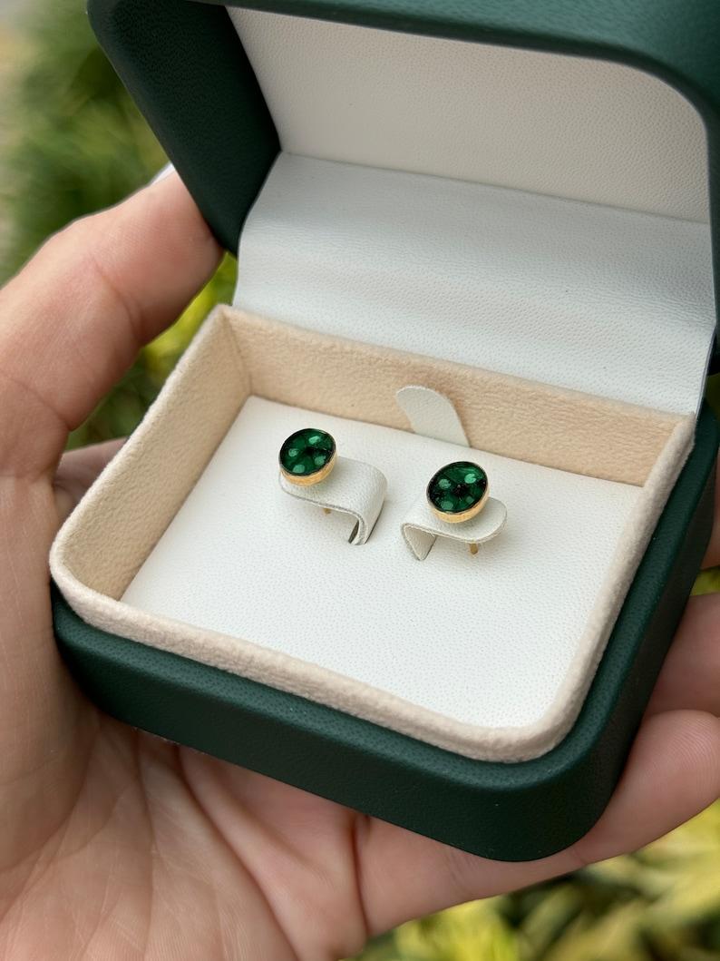 3.0tcw 18K Colombian Trapiche Emerald Stud Earrings  Rich Dark Green Bezel Set For Sale 1