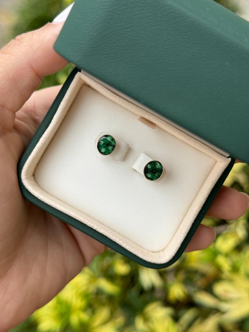 3.0tcw 18K Colombian Trapiche Emerald Stud Earrings  Rich Dark Green Bezel Set For Sale 2