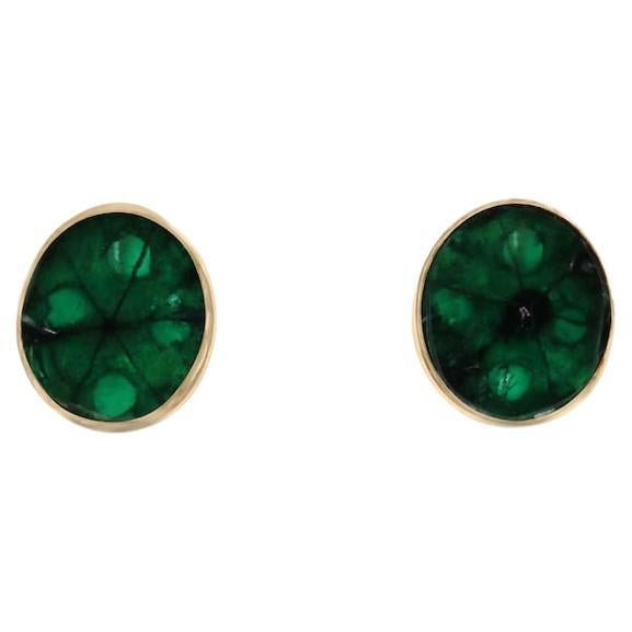 3.0tcw 18K Colombian Trapiche Emerald Stud Earrings  Rich Dark Green Bezel Set