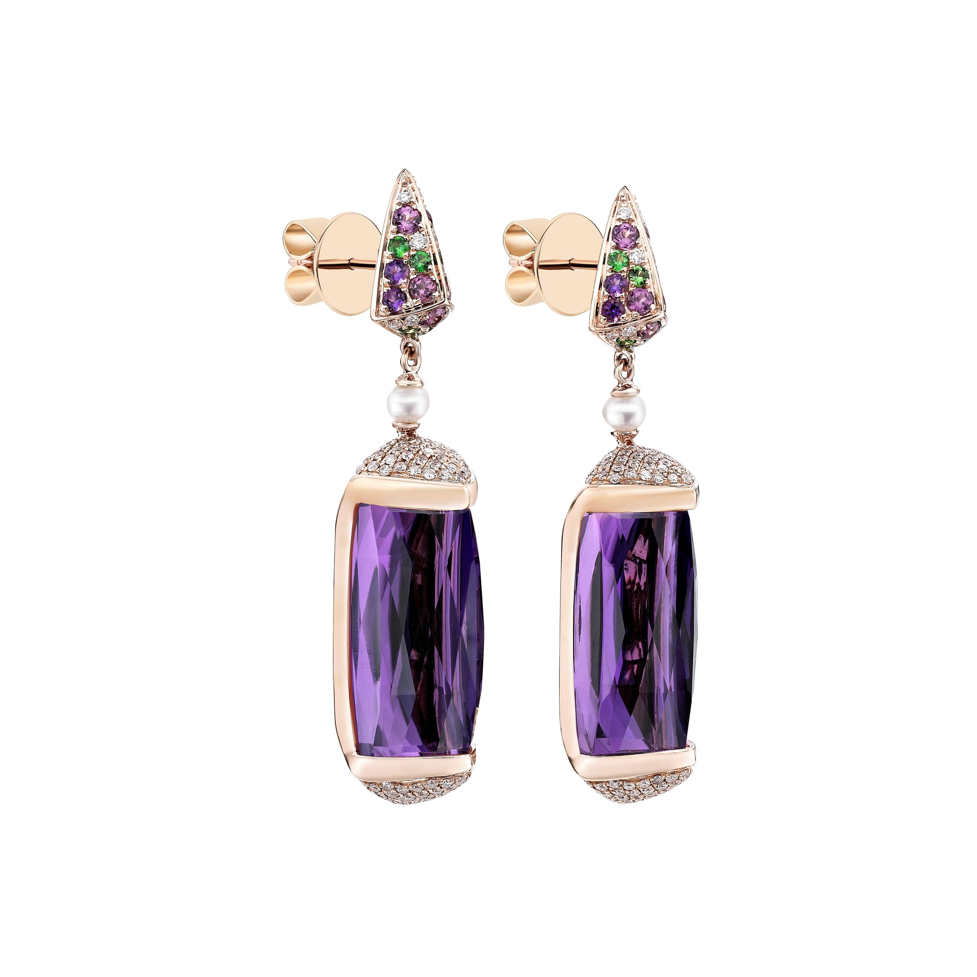 Contemporary 31 Carat Amethyst and Diamond Earring in 18 Karat Rose Gold For Sale