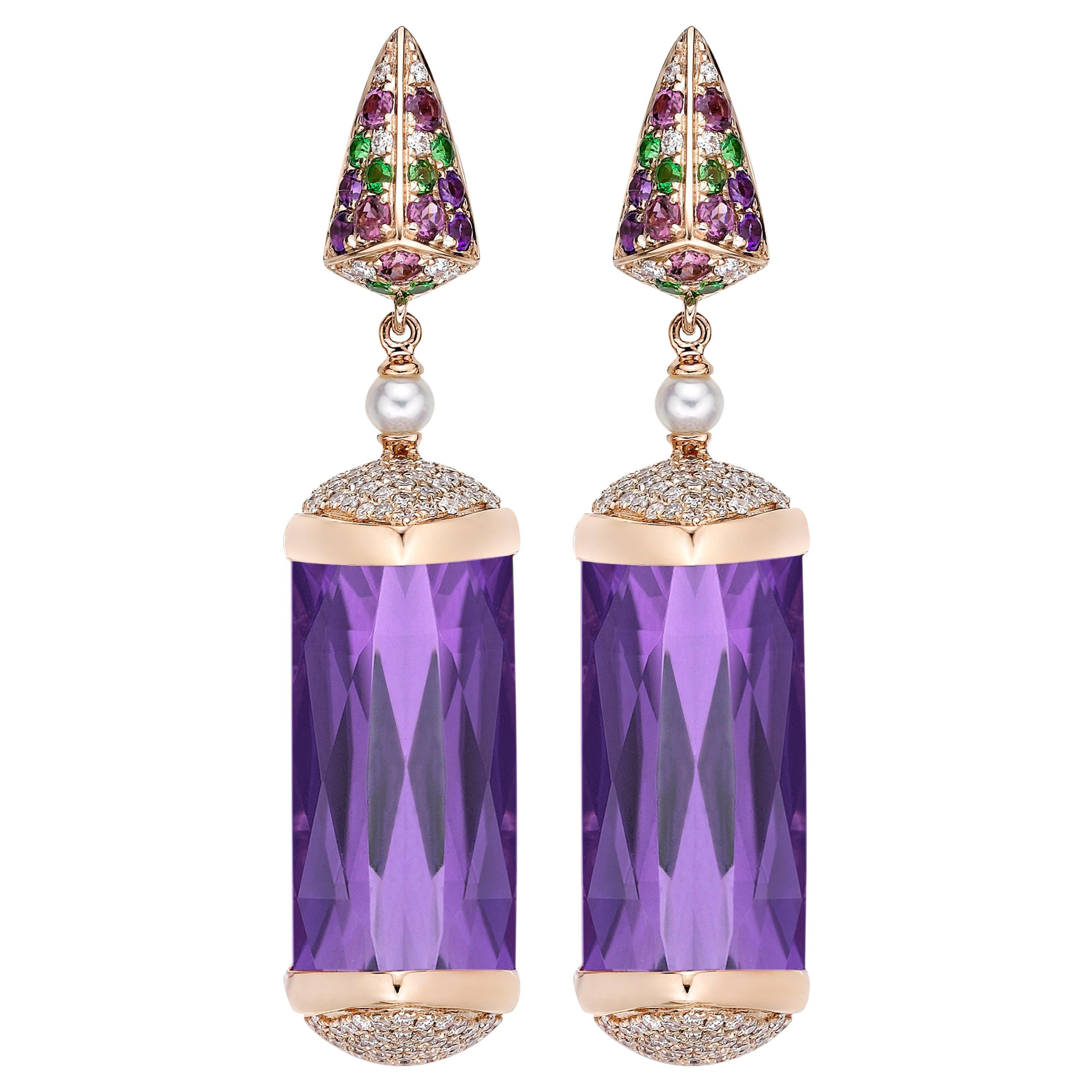31 Carat Amethyst and Diamond Earring in 18 Karat Rose Gold For Sale