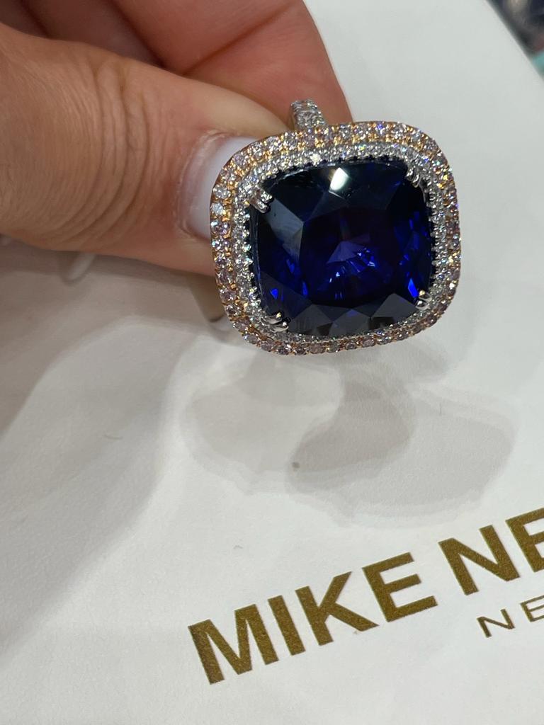 Women's 31 Carat Cushion Cut Blue Sapphire Ring Certified For Sale