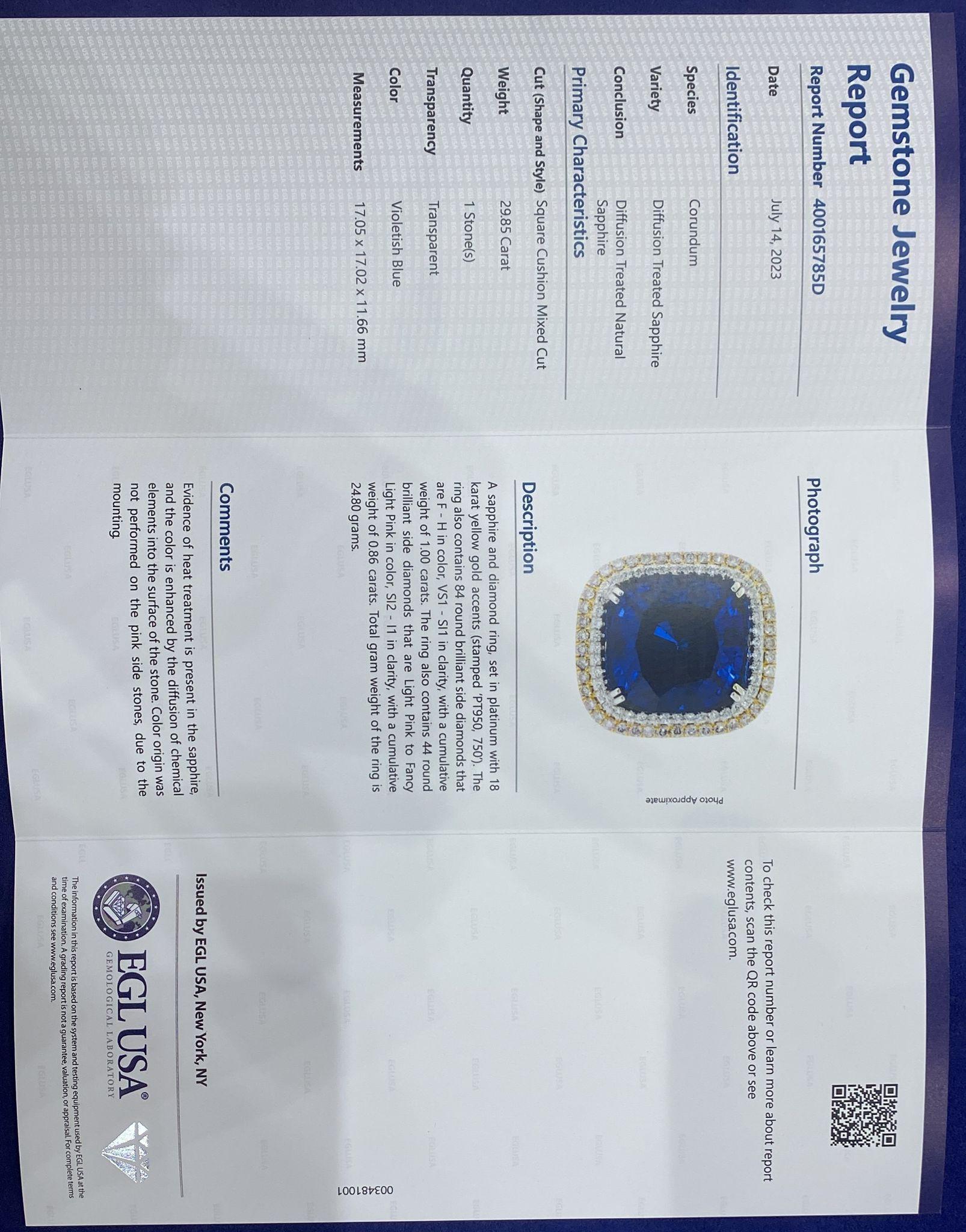 31 Karat blauer Saphirring mit Kissenschliff zertifiziert Damen im Angebot