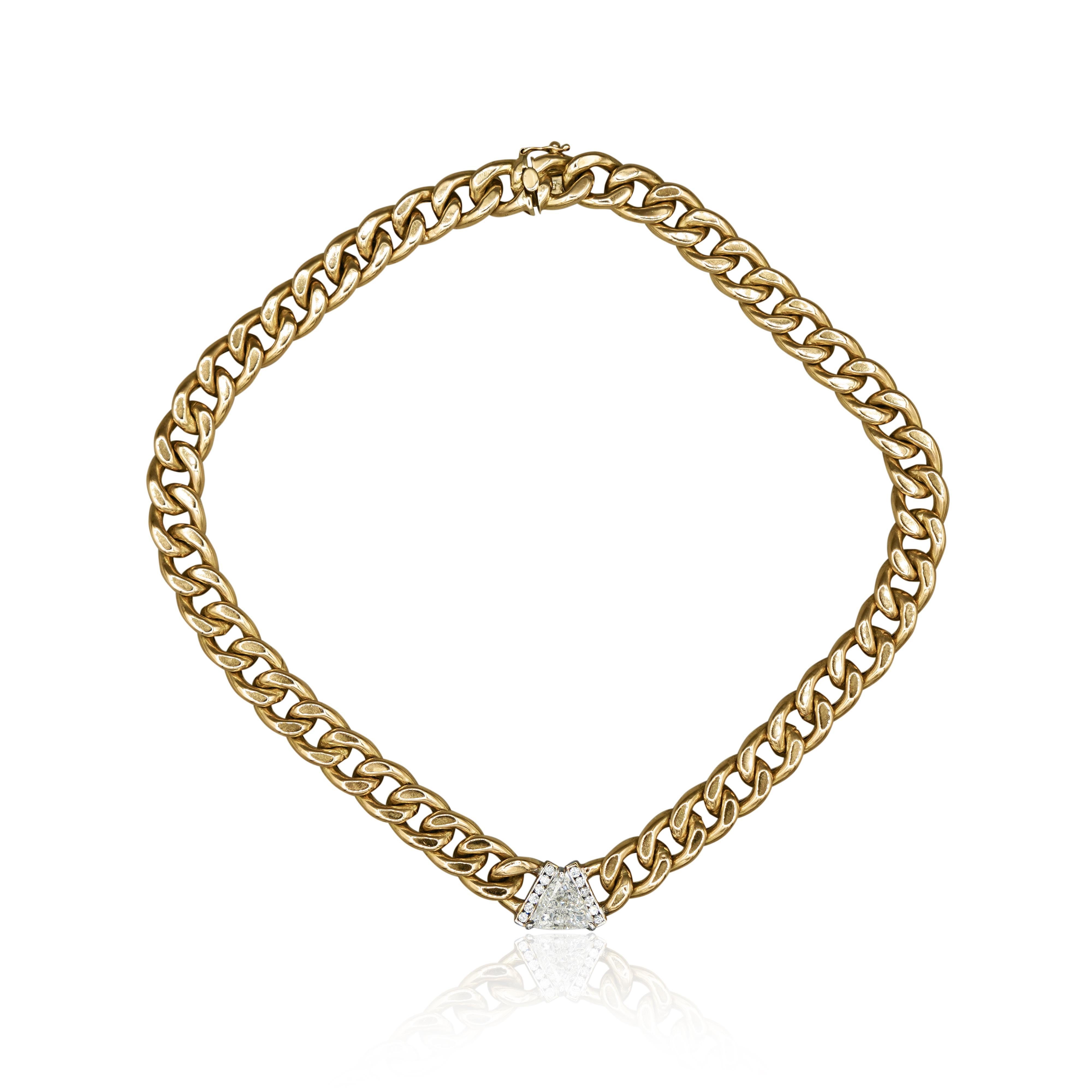 Collana a girocollo con catena cubana in oro 14K con diamante Trillion da 3,1 carati In condizioni buone in vendita a Miami, FL