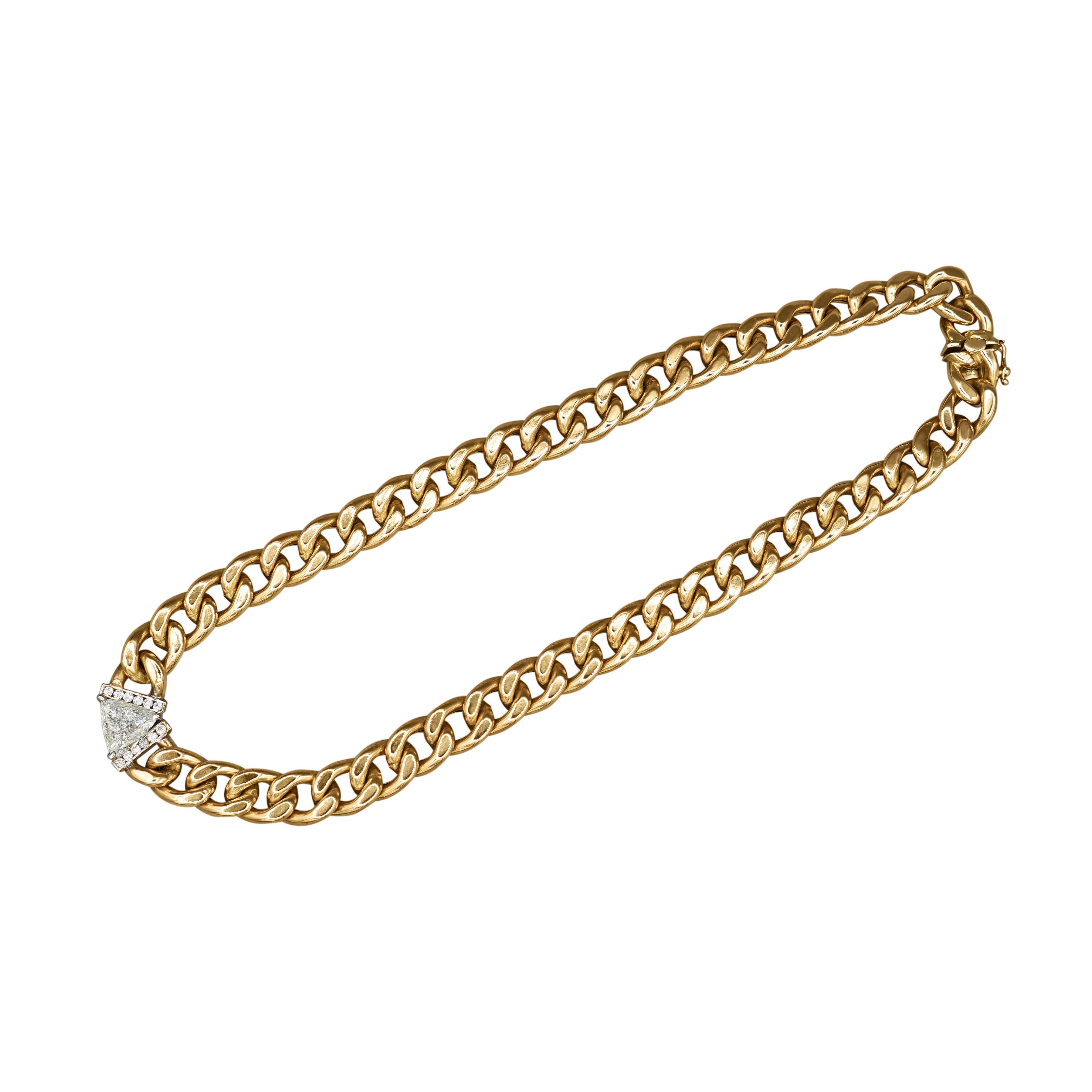 Donna Collana a girocollo con catena cubana in oro 14K con diamante Trillion da 3,1 carati in vendita